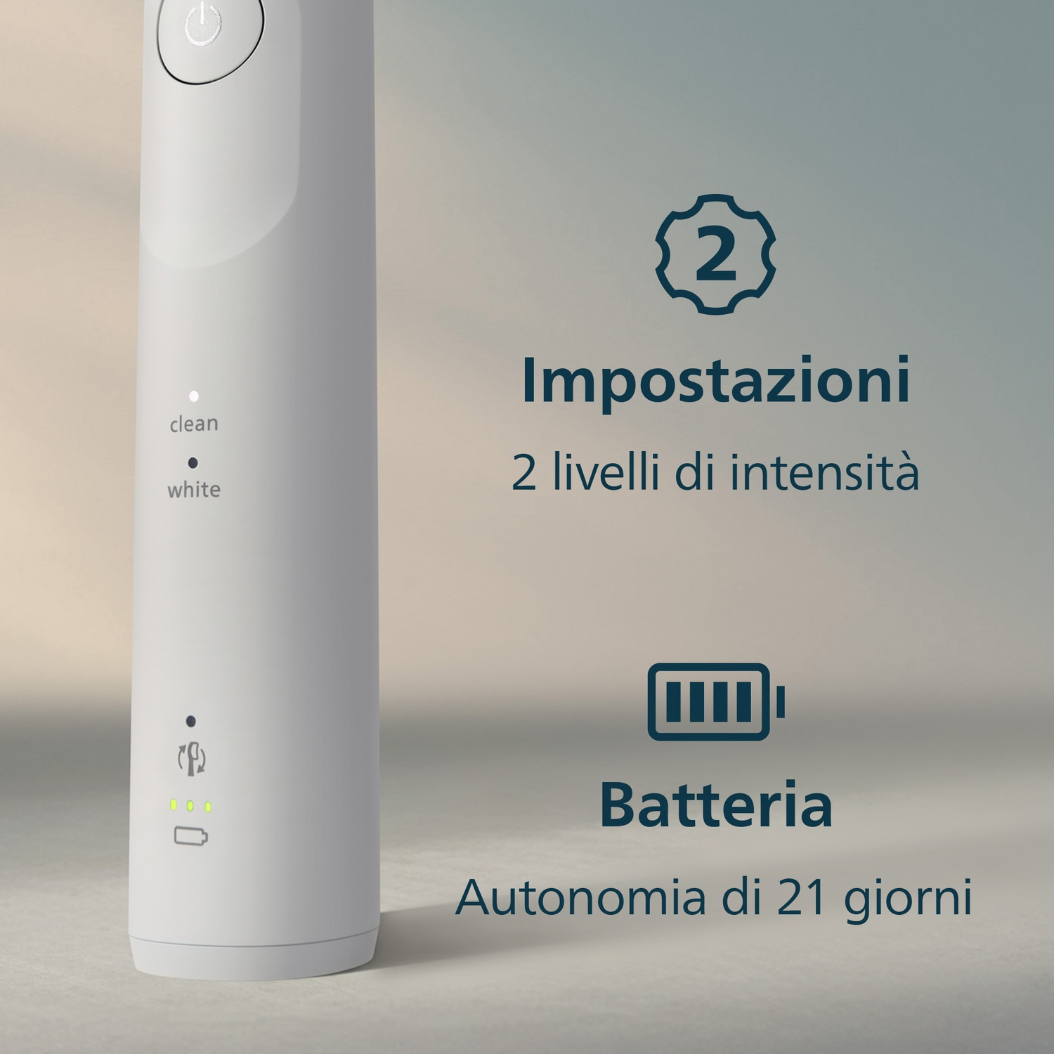 Spazzolino bianco con impostazioni e spie batteria.