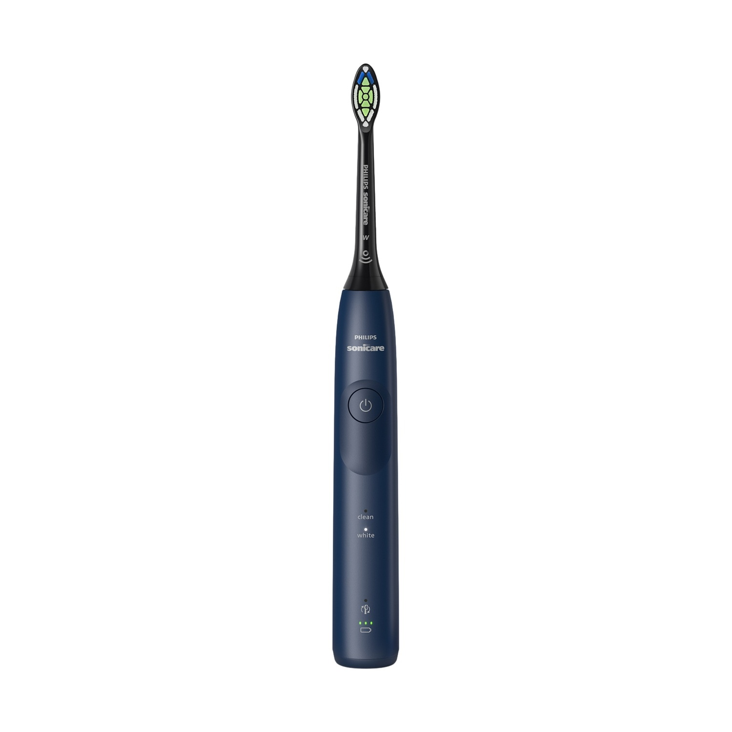 Uno spazzolino elettrico blu scuro con testina bianca e blu.
