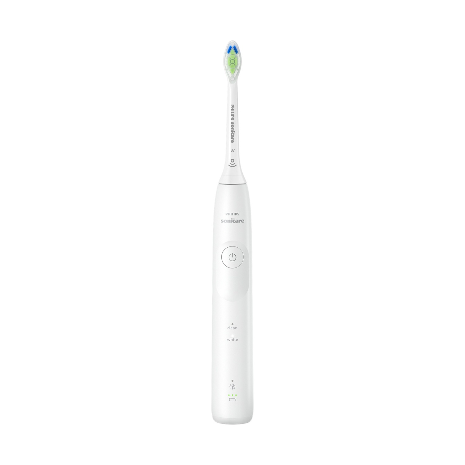 Uno spazzolino elettrico bianco con setole blu e verdi sta in verticale.