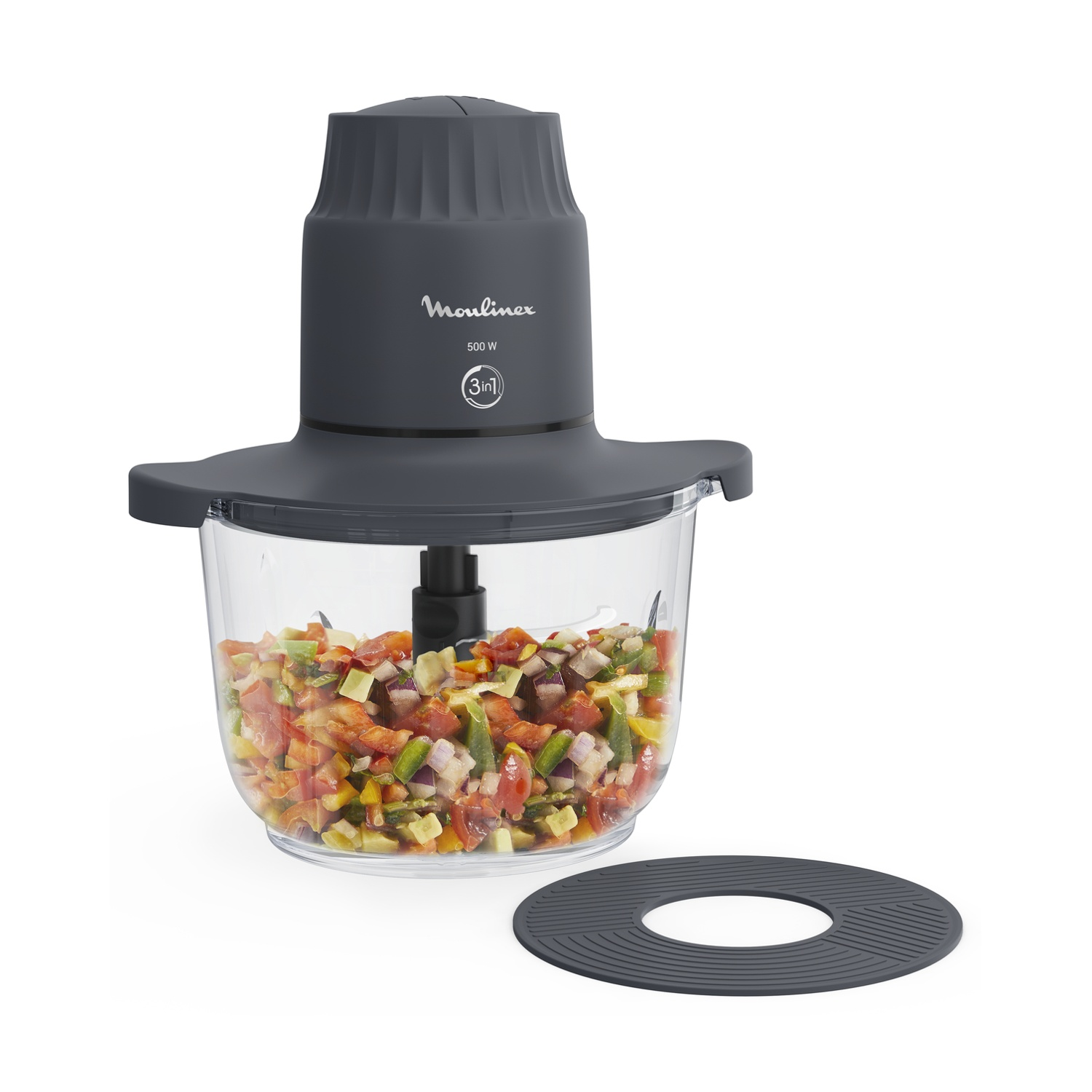 Un tritatutto Moulinex 500W grigio scuro con una ciotola trasparente piena di verdure tritate.