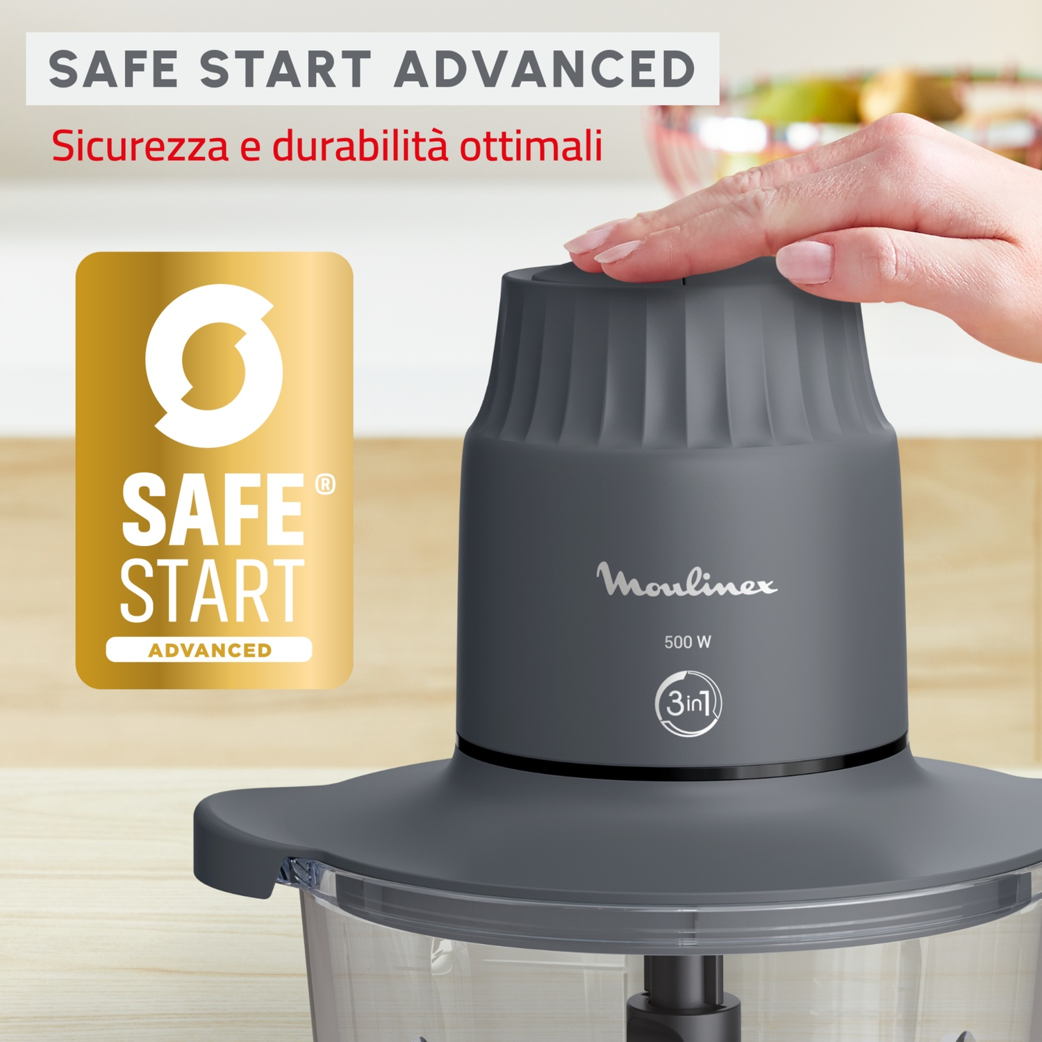 Robot Moulinex grigio con logo "Safe Start Advanced" e mano.