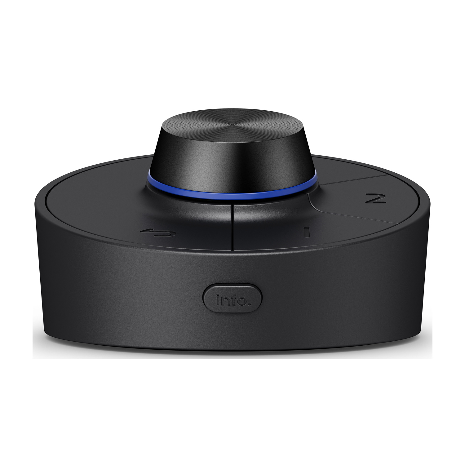 Un controller rotondo nero con anello blu e la scritta "info."
