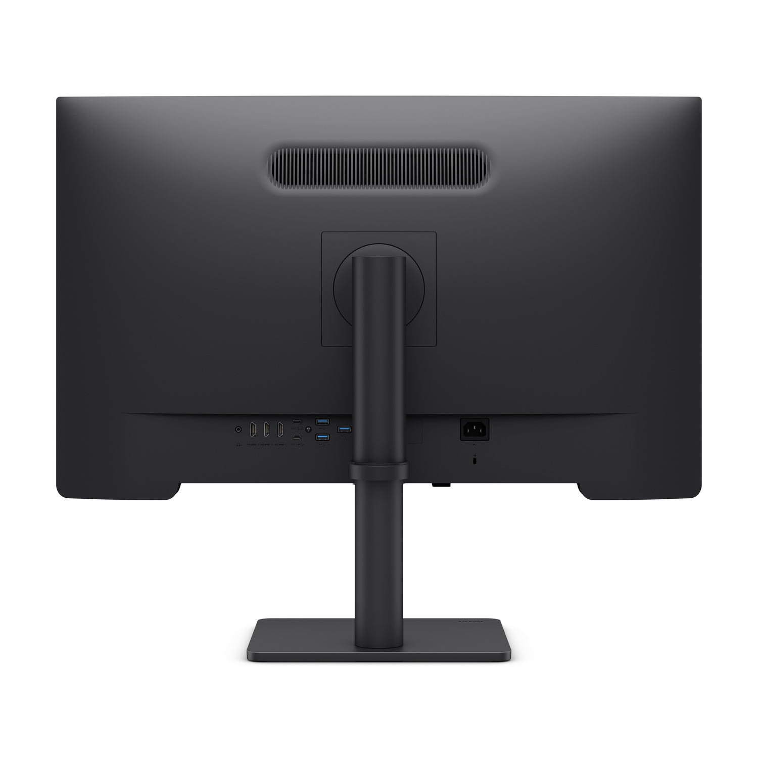 Retro di un monitor nero con porte e griglie di ventilazione.