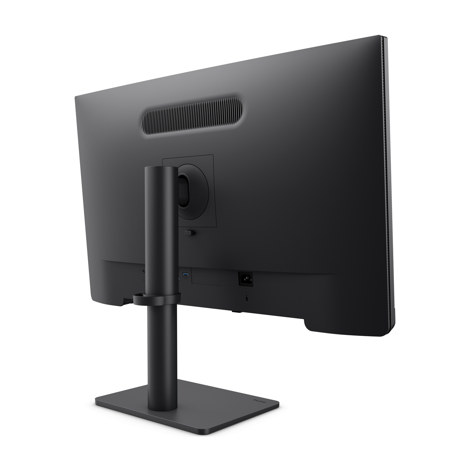 Vista posteriore di un monitor nero con supporto e prese d'aria.