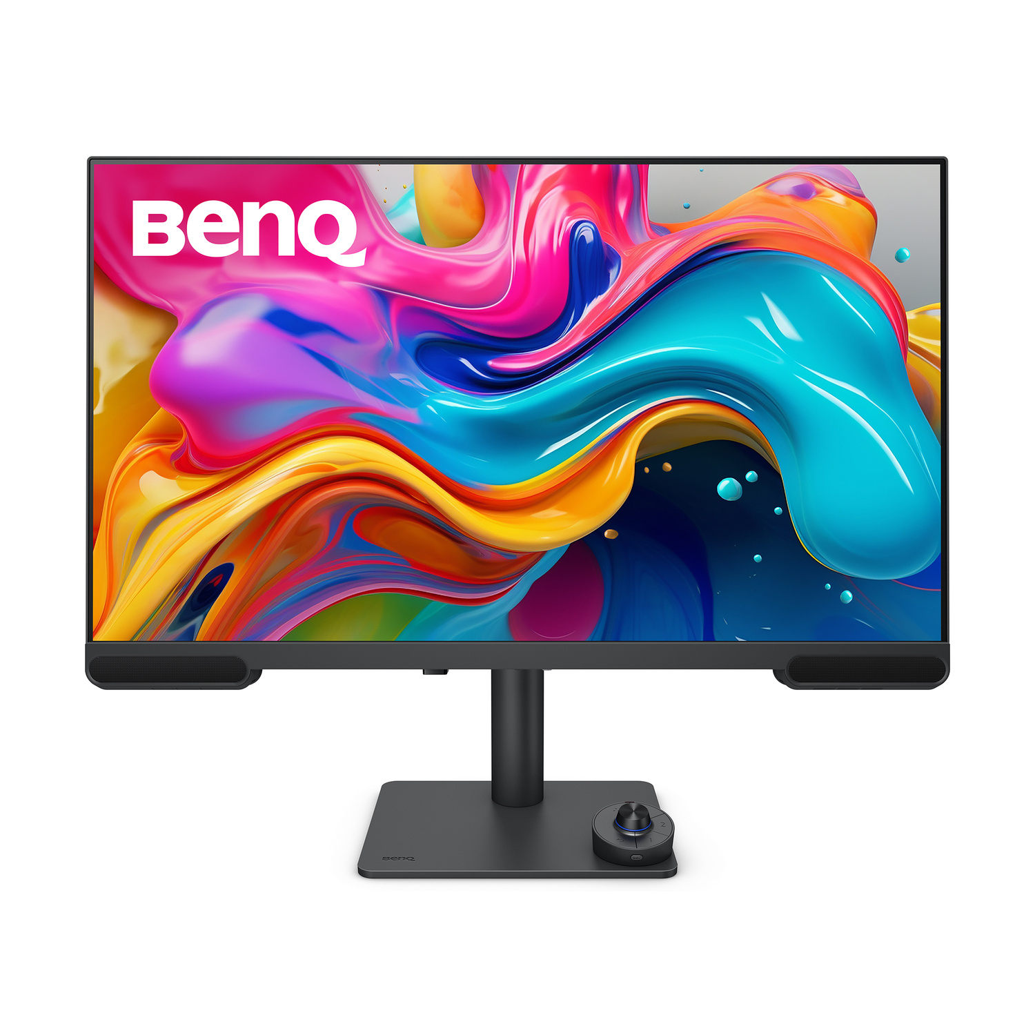 Un monitor BenQ mostra un vortice astratto colorato di rosa, blu e giallo su sfondo grigio.