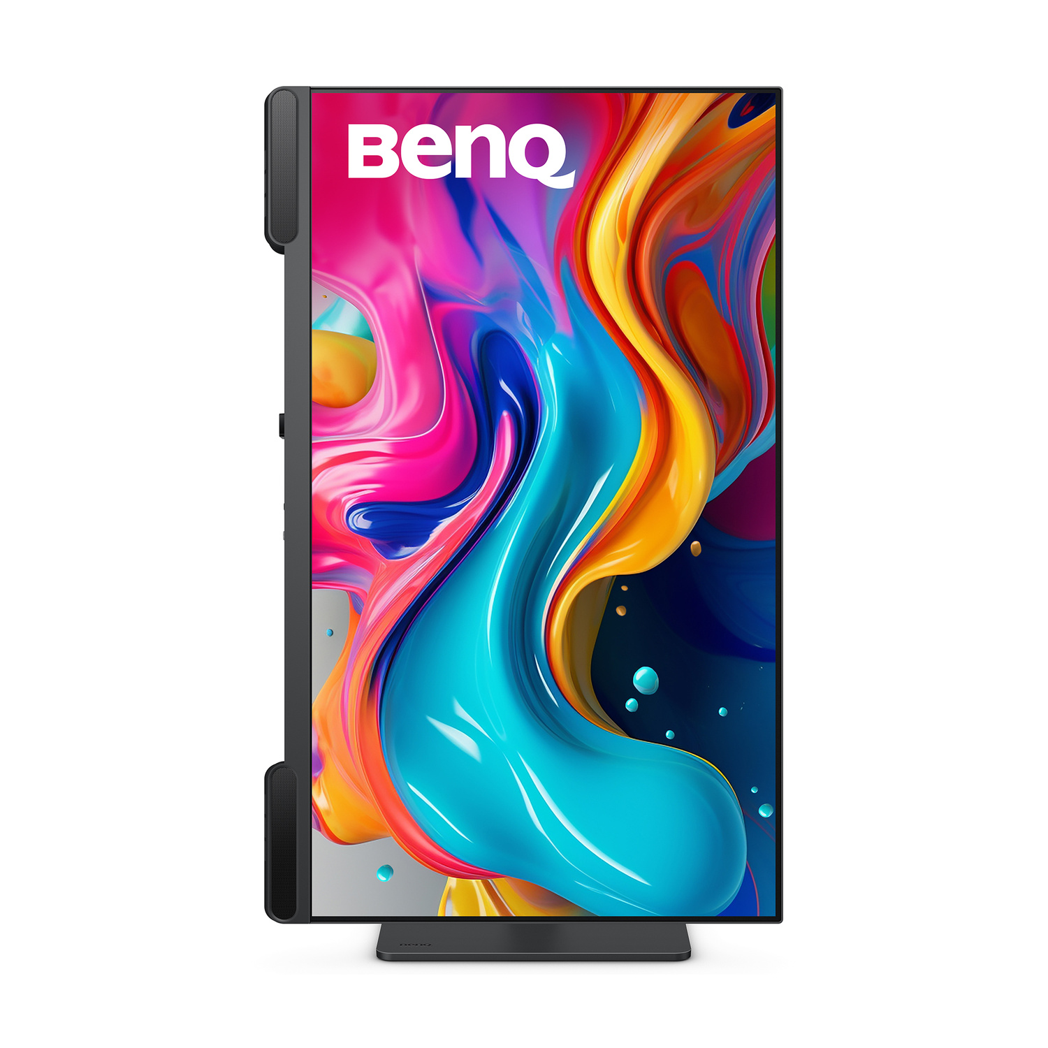 Un monitor BenQ con uno sfondo astratto colorato. Supporto e altoparlanti grigi.