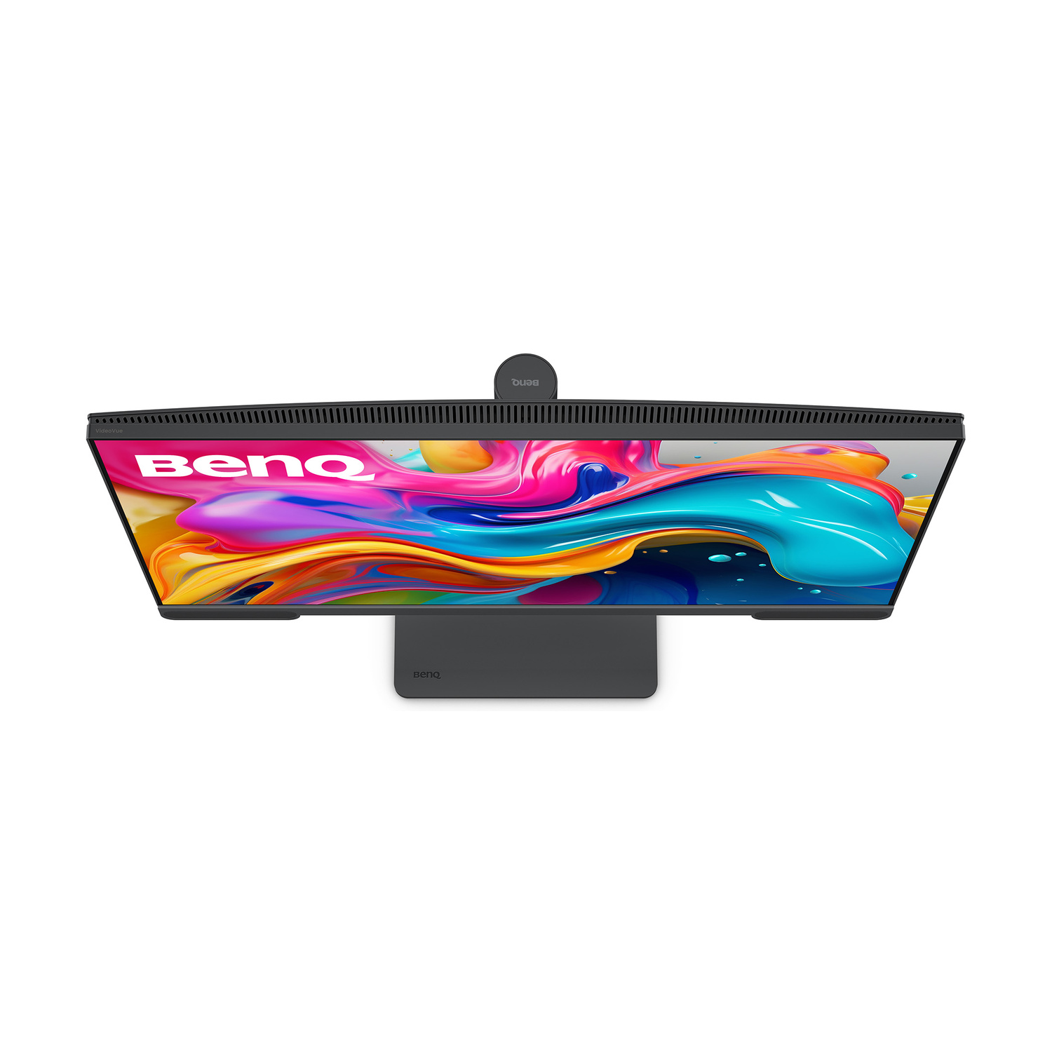 Un monitor nero con logo BenQ che mostra un screensaver colorato.