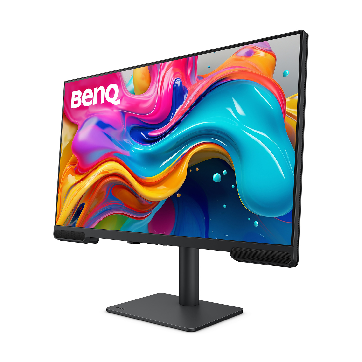 Un moderno monitor BenQ nero con uno sfondo astratto colorato e altoparlanti integrati.