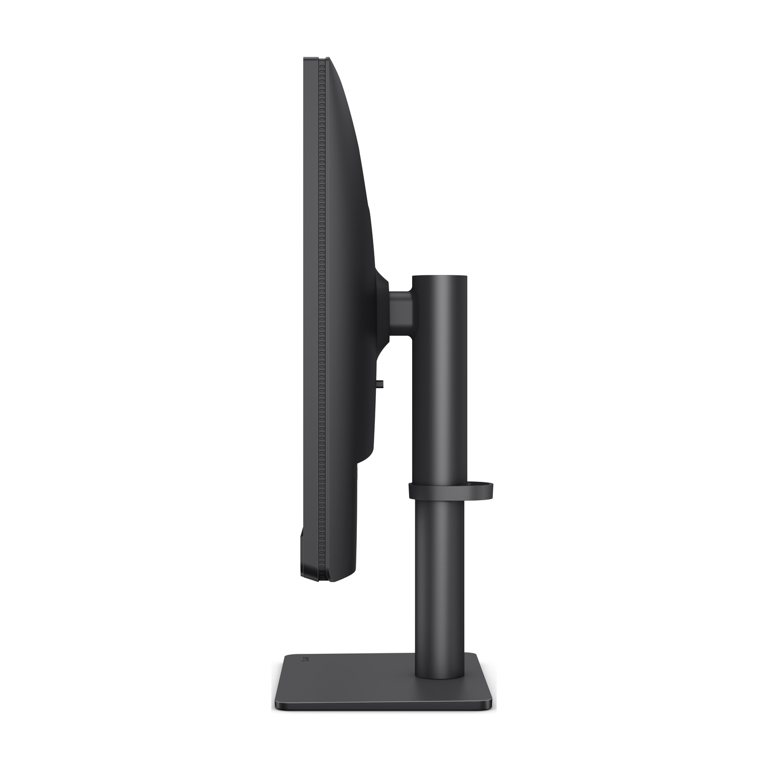 Monitor nero di profilo su sfondo bianco con supporto sottile.