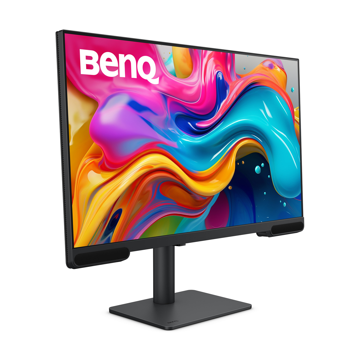 Un monitor BenQ con immagine vibrante e colorata su supporto nero.