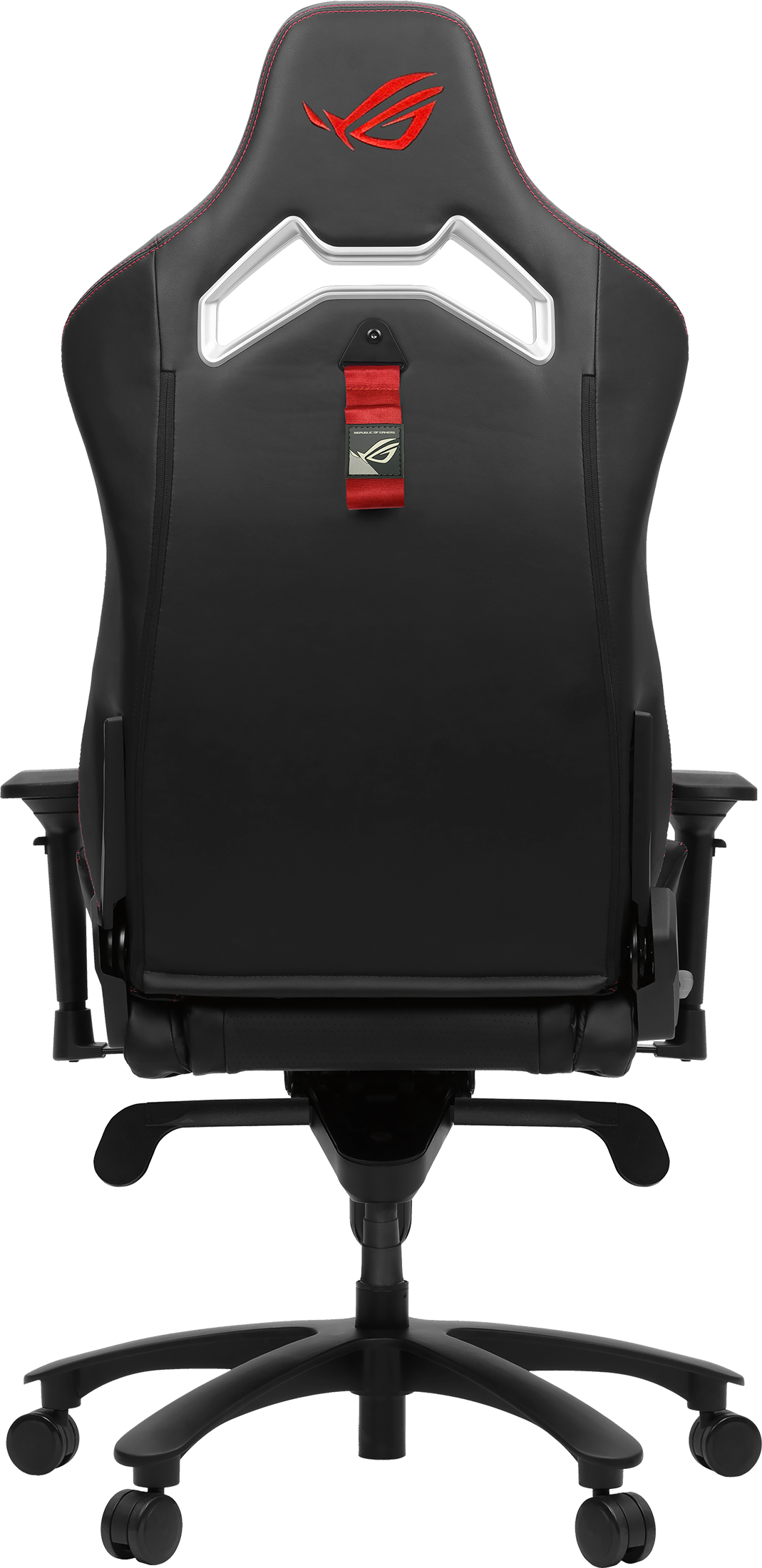 Chaise gaming noire avec logo ROG rouge et accents argentés, sur fond noir.