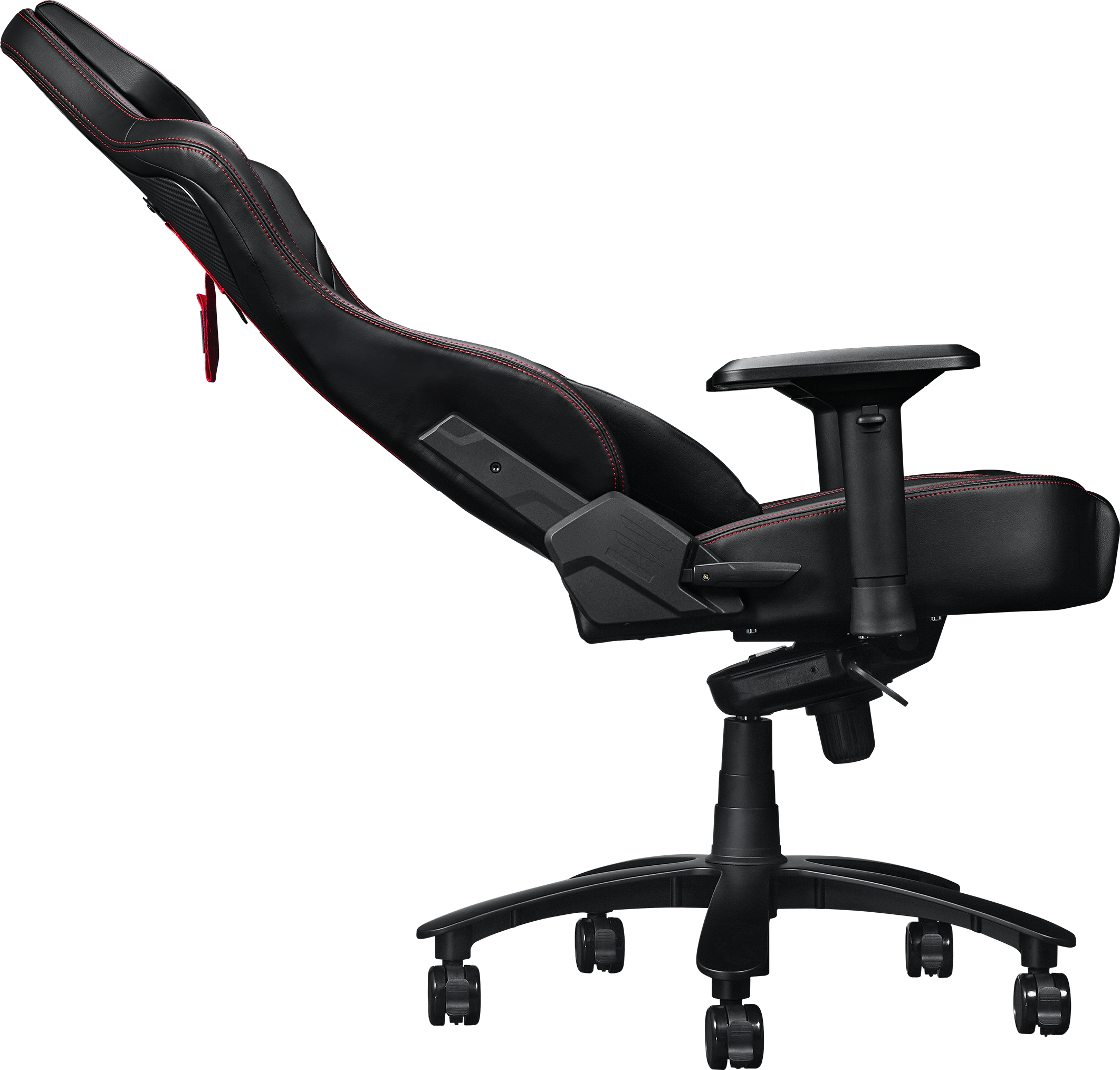 Fauteuil gamer noir avec surpiqûres rouges, vu de côté sur fond noir.