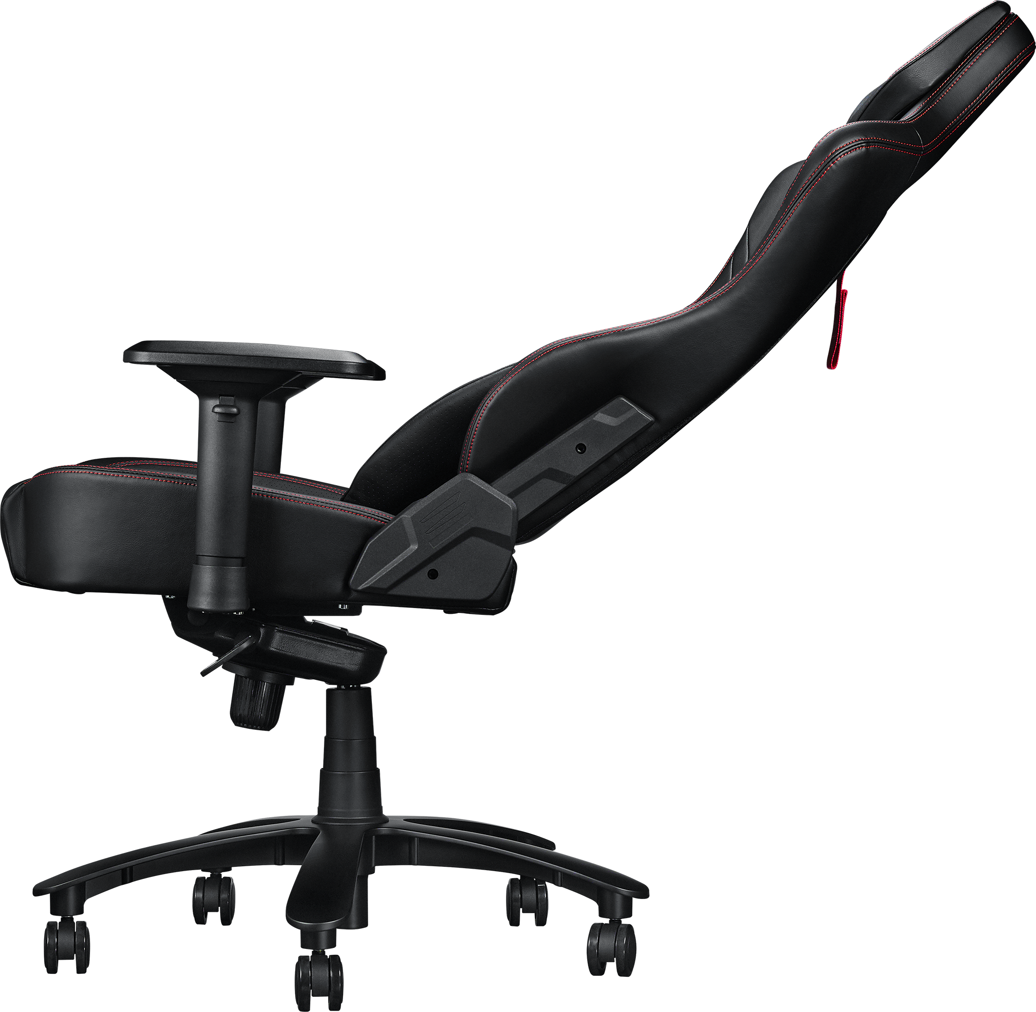 Un fauteuil gamer noir avec surpiqûres rouges, vu de côté.