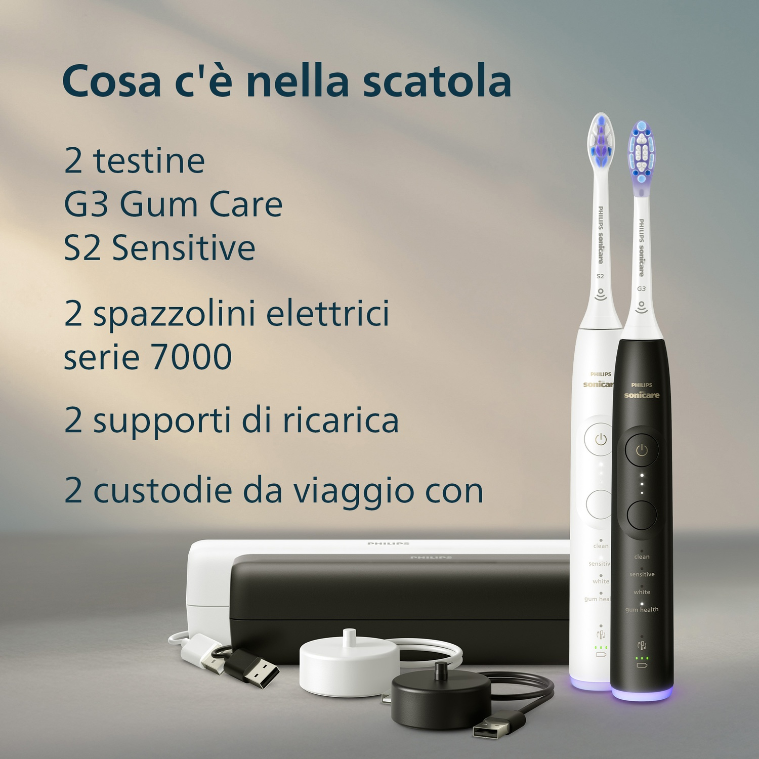 Due spazzolini elettrici bianchi e neri con basi di ricarica e accessori.