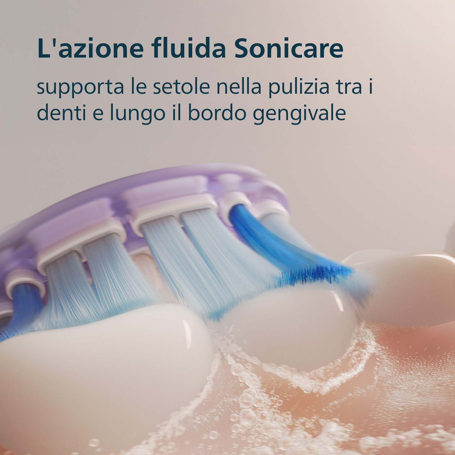 Uno spazzolino sonico con setole blu pulisce denti e bordo gengivale.