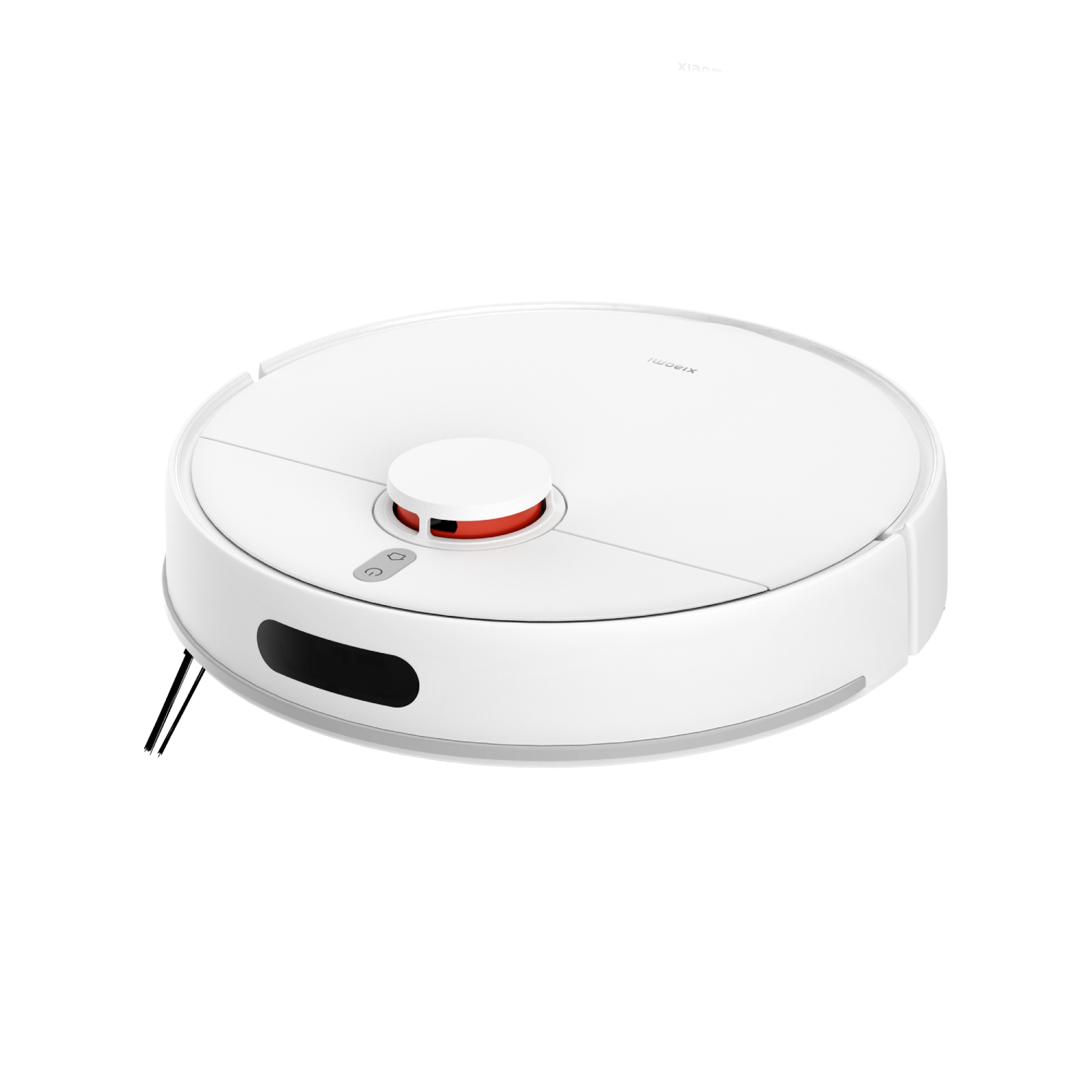 Un robot aspirador blanco Xiaomi con acento rojo se muestra sobre fondo negro.
