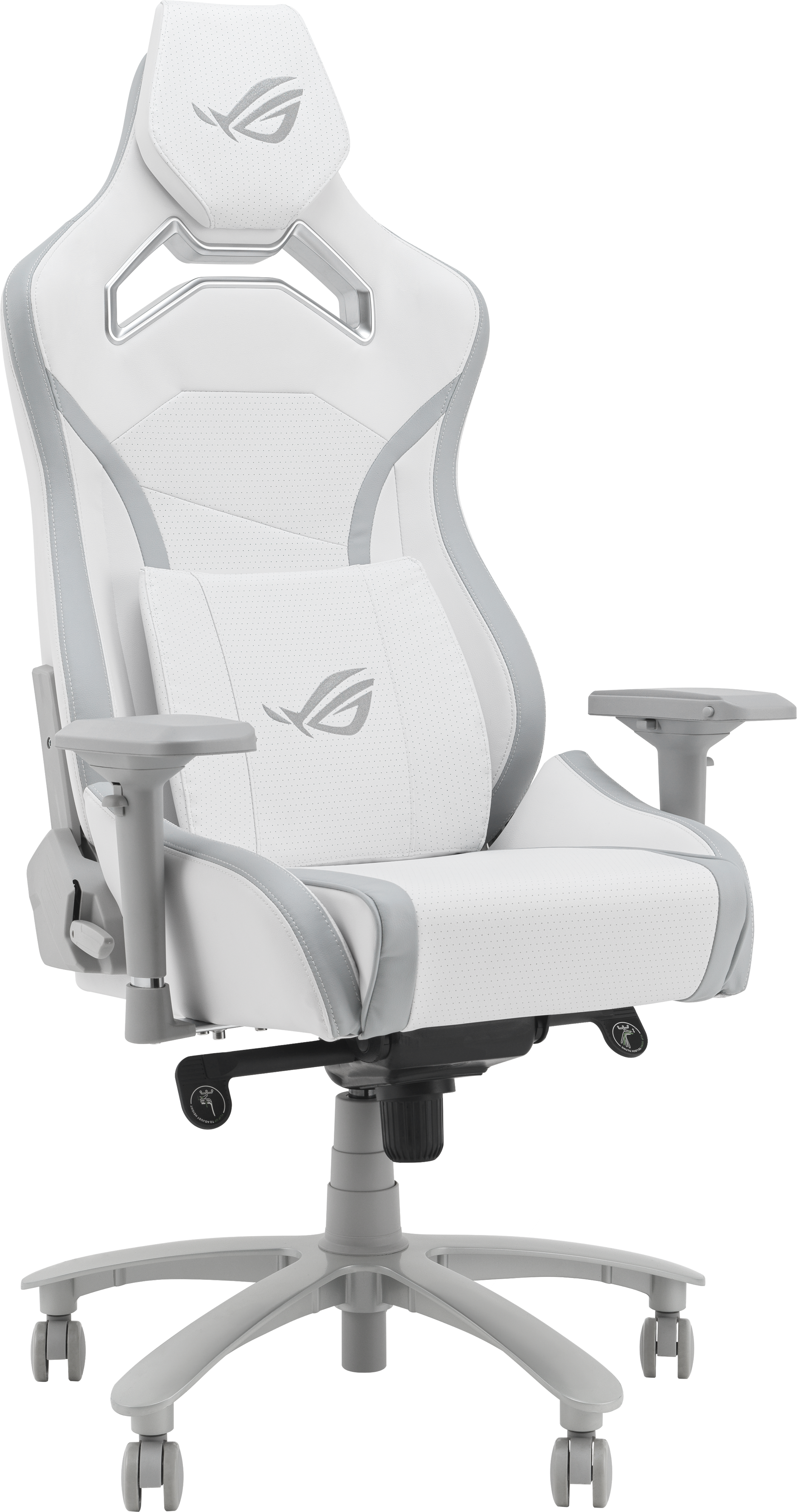 Chaise gaming blanche et grise avec appui-tête et coussin lombaire.