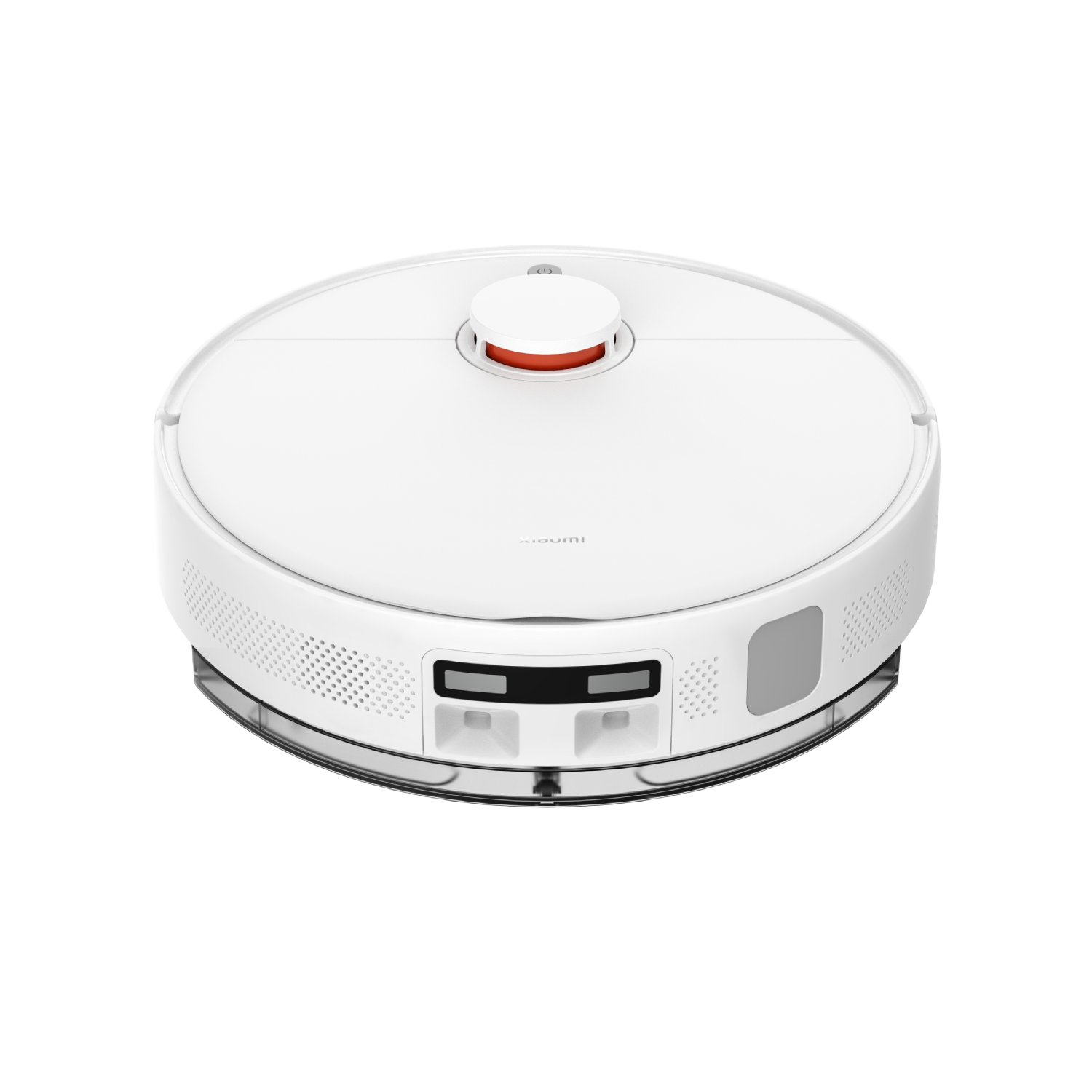 Un robot aspirador blanco con un acento rojo en el botón superior.