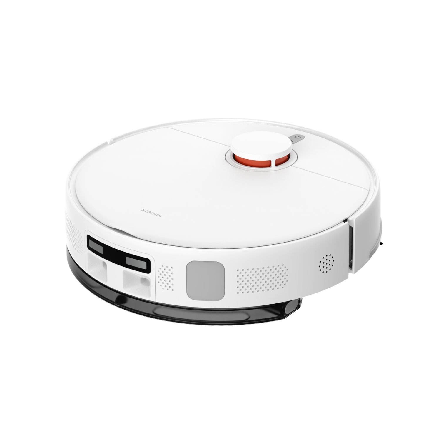 Un robot aspirador blanco con acento rojo y sensores negros sobre fondo negro.
