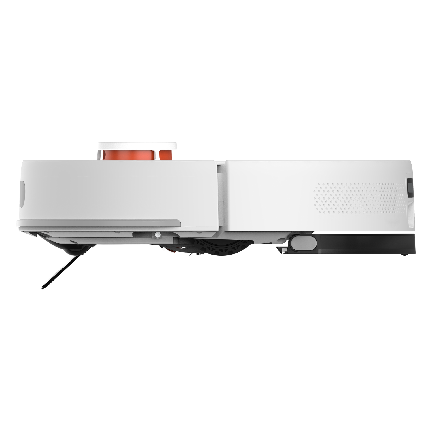 Un robot aspirador blanco con acento naranja sobre fondo negro.