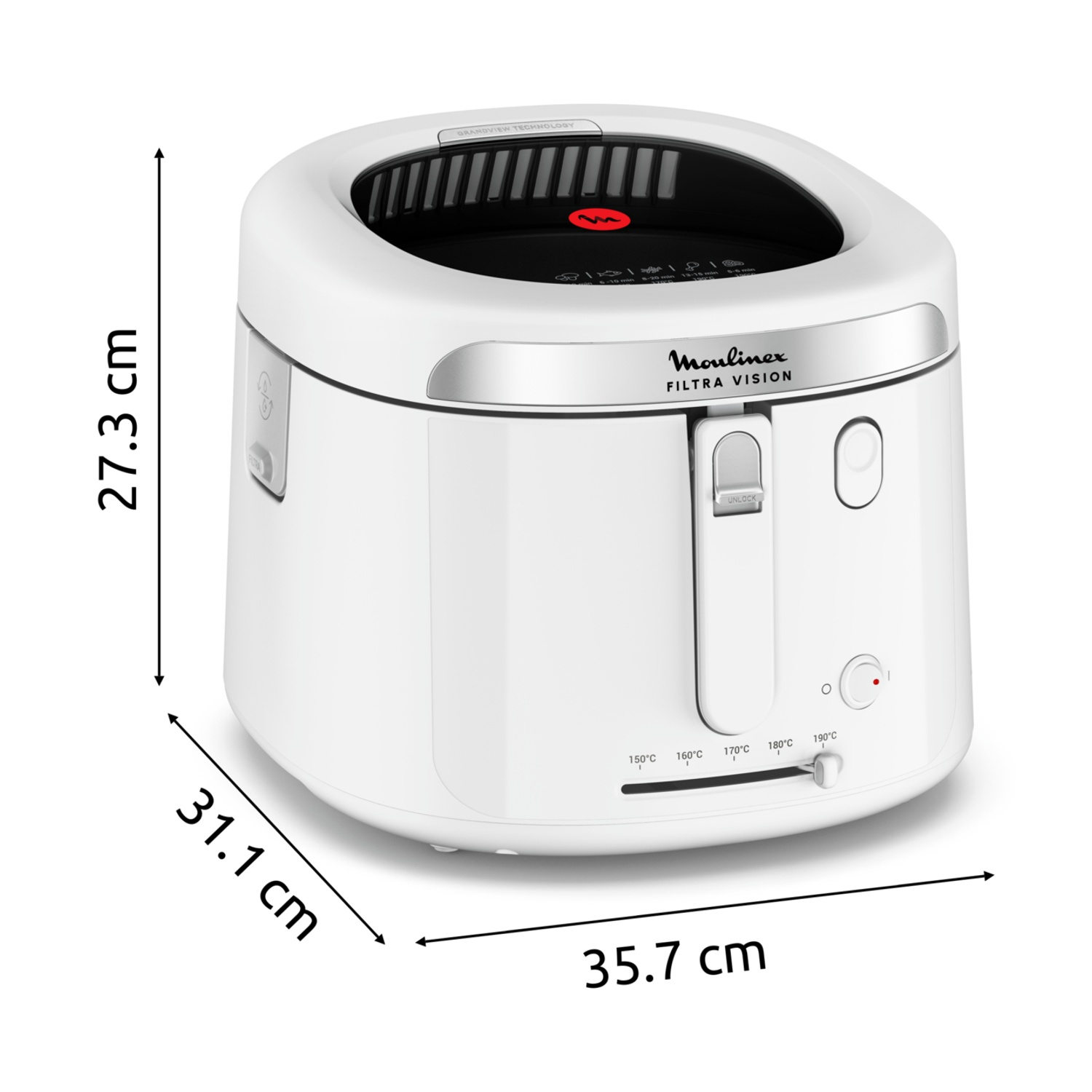 Friggitrice bianca Moulinex Filtra Vision con controllo temperatura e dimensioni.