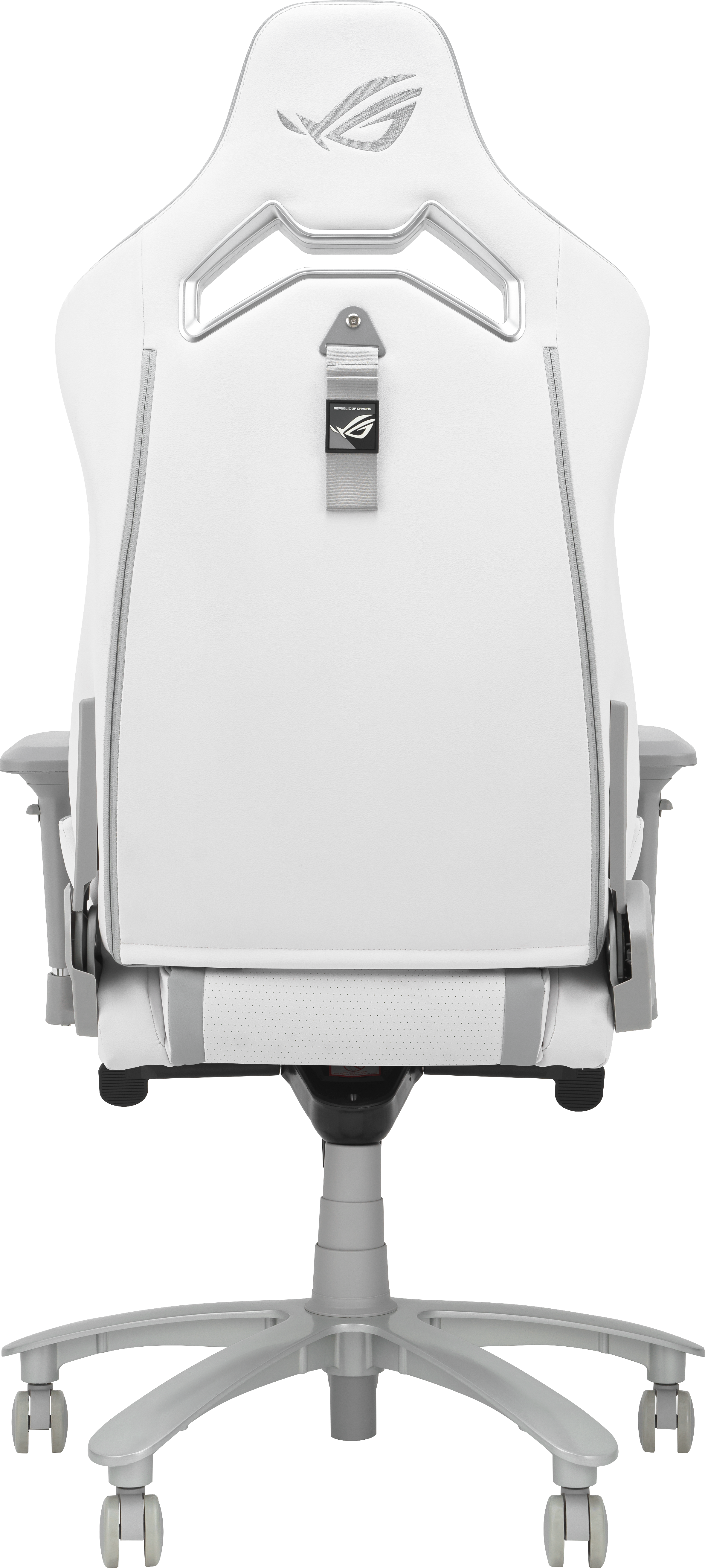 Une chaise de jeu blanche avec une base et des roulettes grises est montrée de dos, avec un logo de marque sur l'appui-tête.