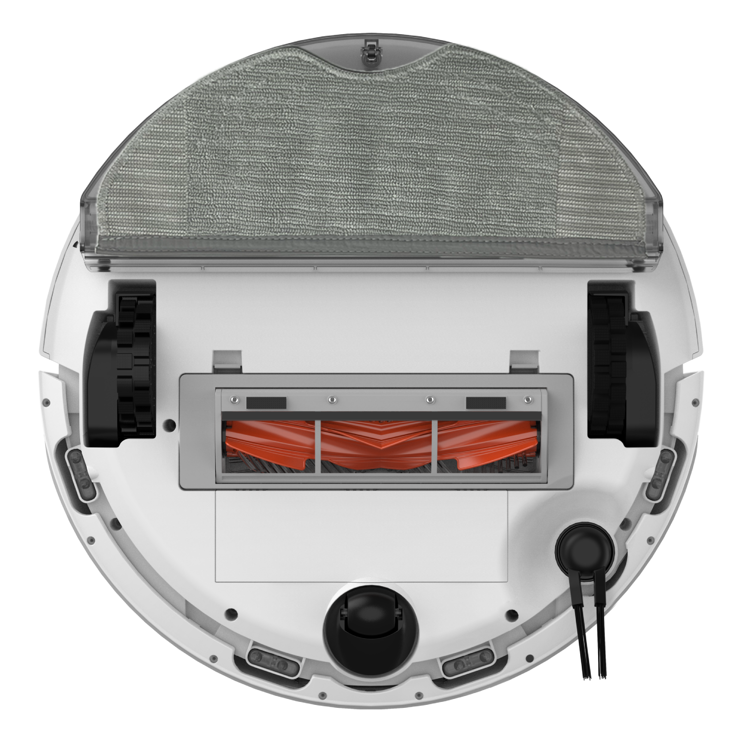 Parte inferior de un robot aspirador blanco con mopa gris, cepillo naranja y ruedas negras.