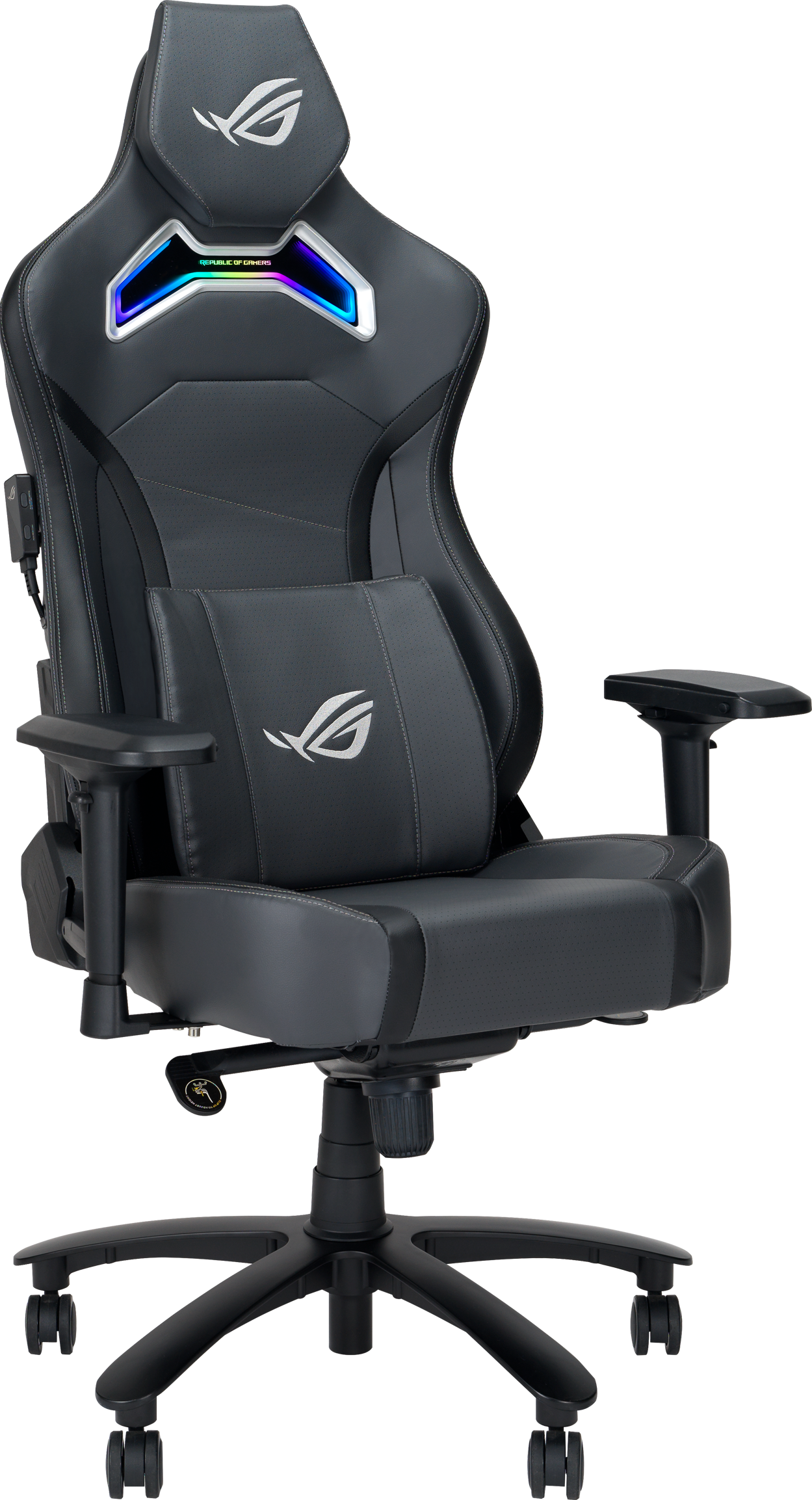 Una sedia da gaming nera con illuminazione RGB sullo schienale e logo ROG.