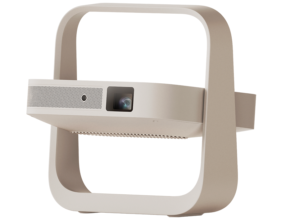 Un proyector portátil beige con rejilla de altavoz y lente.