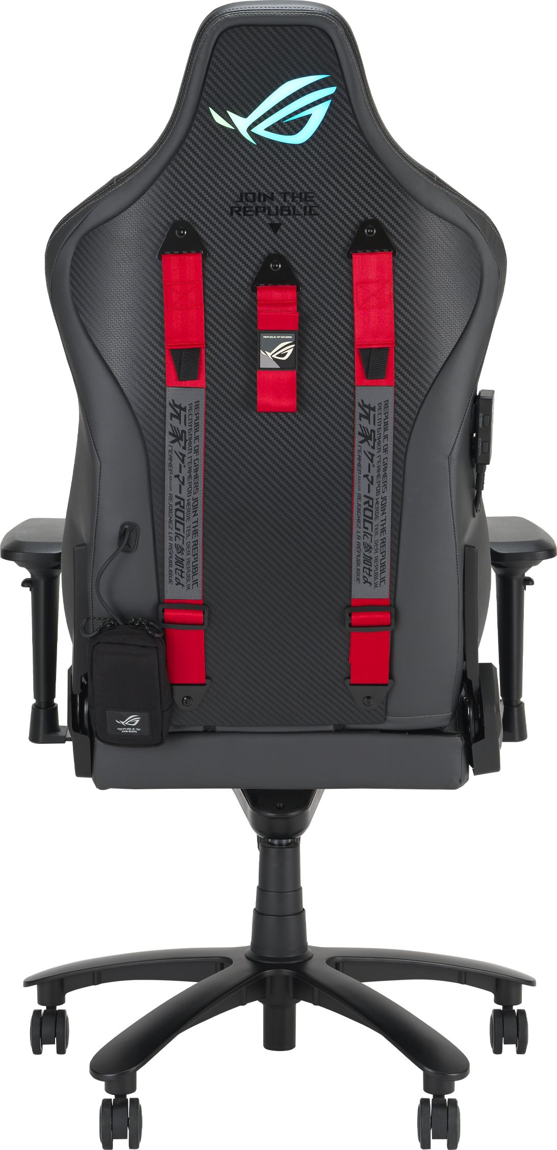 Retro di una sedia da gaming nera con cinghie rosse e logo ROG.