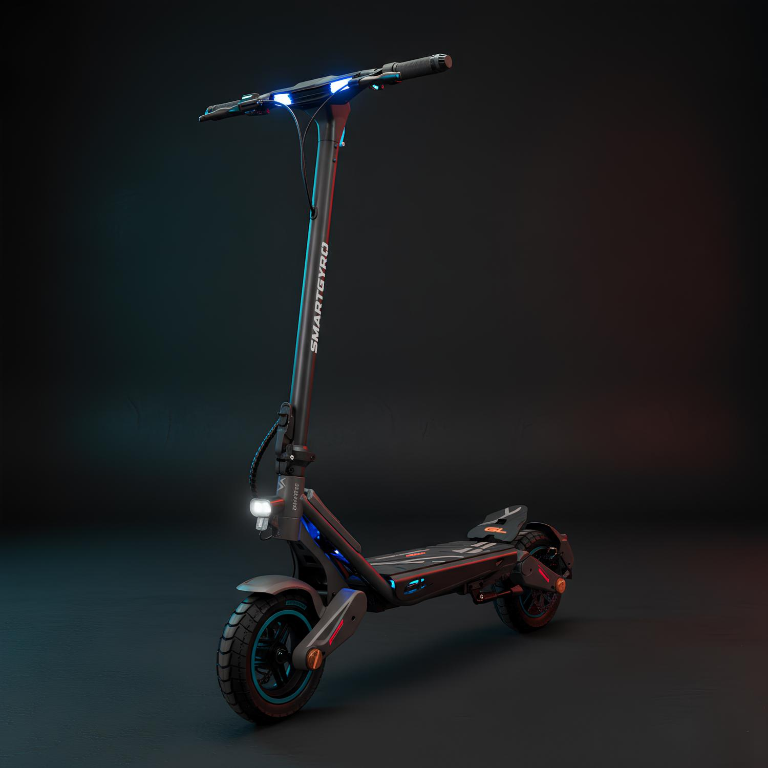 Un patinete eléctrico negro con detalles azules y rojos se alza en la oscuridad.