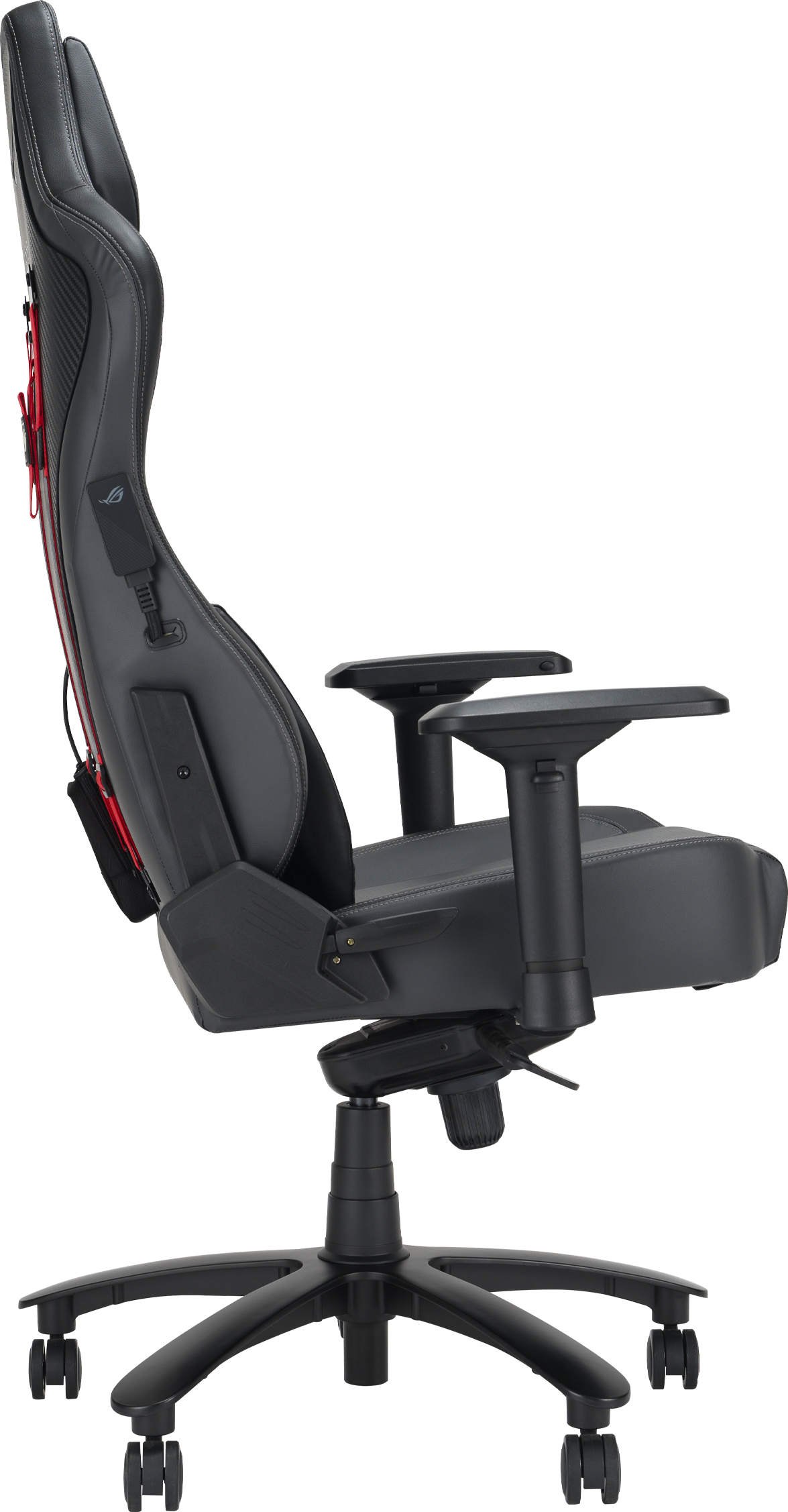 Sedia da gaming nera con braccioli regolabili, logo visibile e accenti rossi.