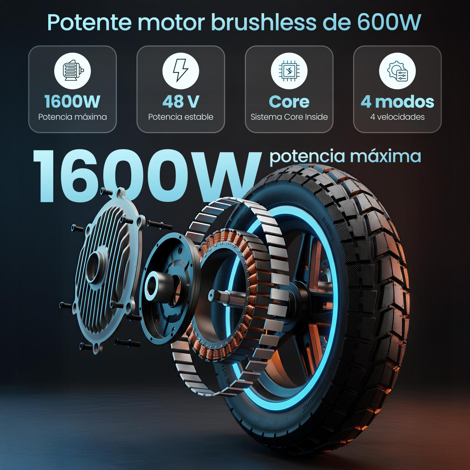 Vista explosionada de motor eléctrico de 1600W, 48V, 4 modos.