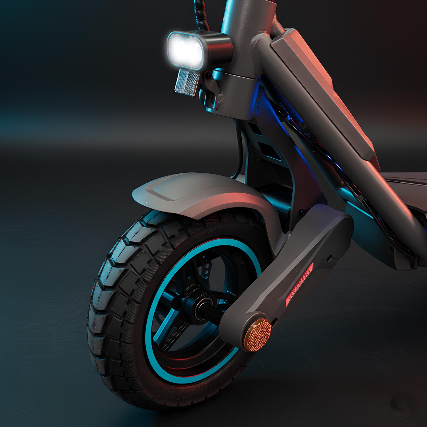 Patinete eléctrico gris con faro LED, rueda iluminada azul y reflectores rojos.