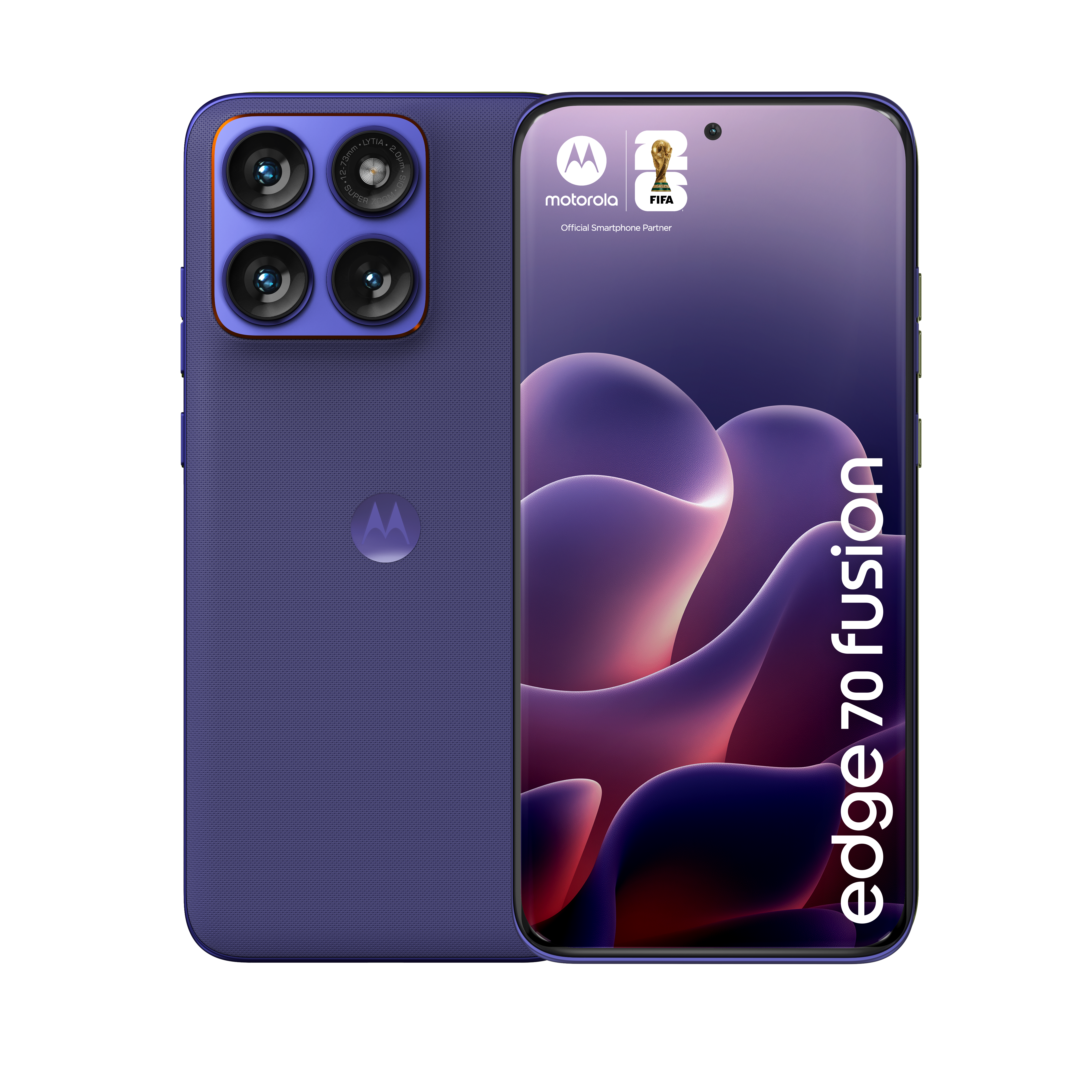 Fioletowy smartfon Motorola Edge 70 Fusion z czterema aparatami z tyłu.