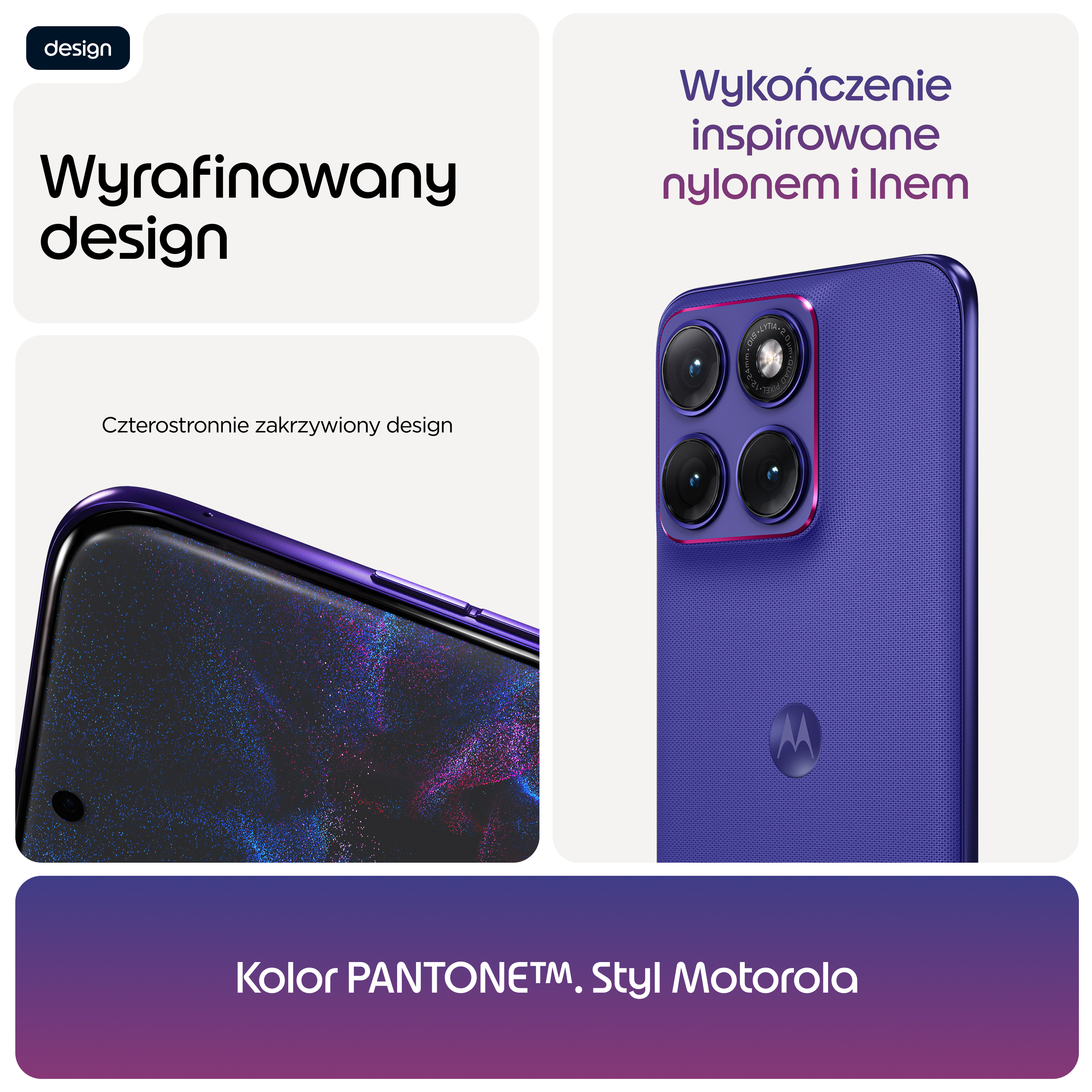 Fioletowy telefon Motorola z poczwórnym aparatem i tekstem.