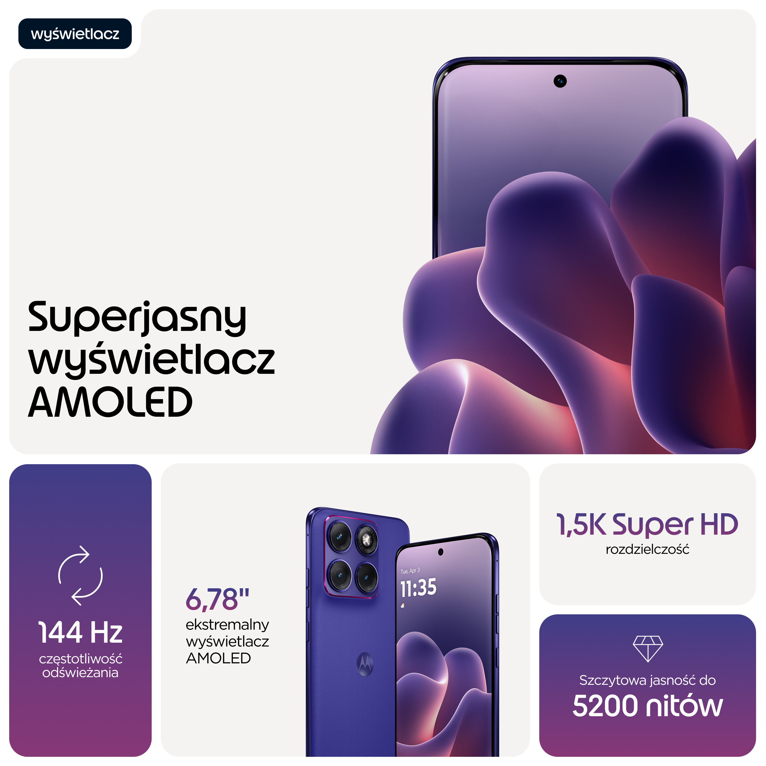 Fioletowy smartfon z wyświetlaczem AMOLED, 144 Hz, rozdzielczością 1,5K Super HD.