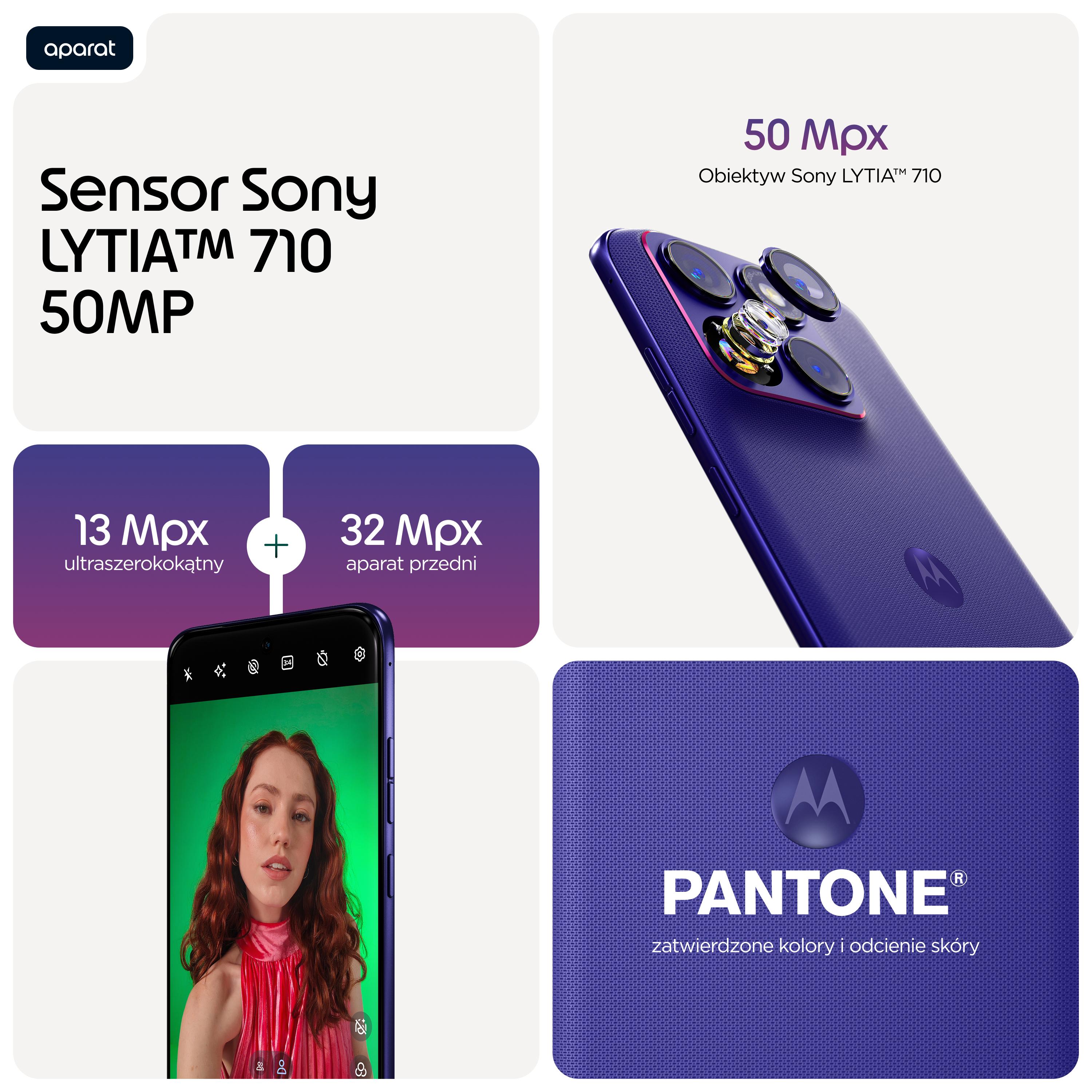 Wyświetlacz smartfona z widokiem kamery, sensorem Sony LYTIA 710 i logo Pantone.
