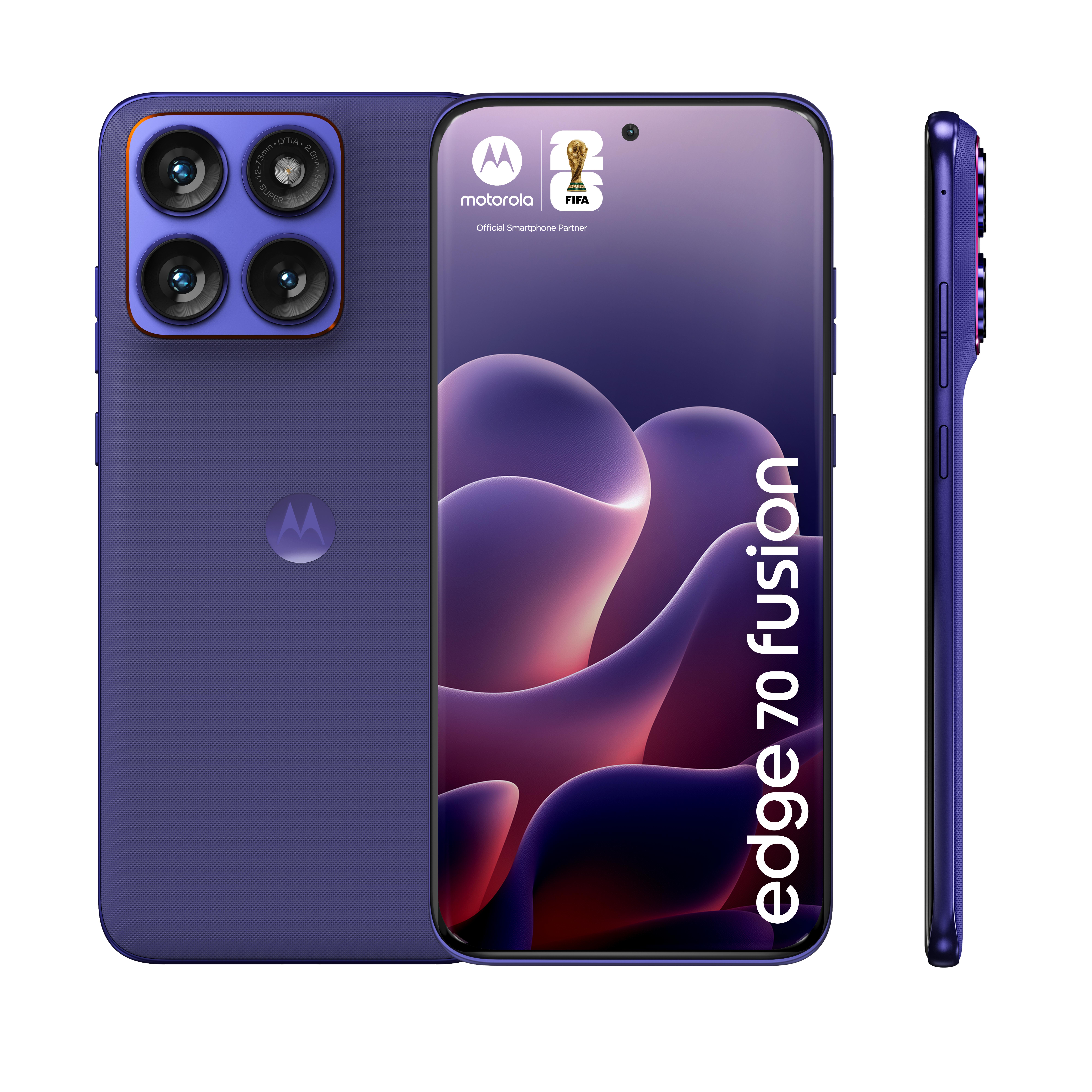 Fioletowy smartfon Motorola Edge 70 Fusion z czterema aparatami i logo FIFA.
