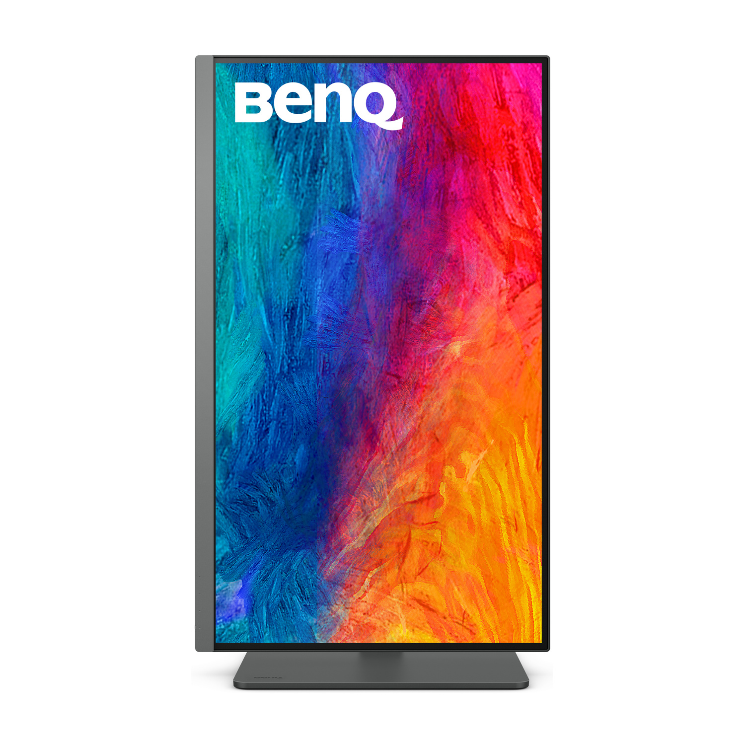 Un monitor BenQ verticale con uno sfondo astratto e colorato.