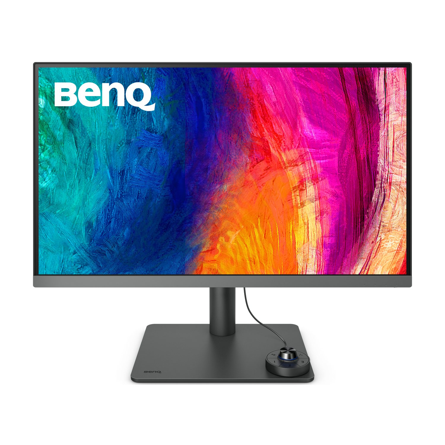 Un monitor BenQ con uno sfondo astratto colorato e un controller circolare.