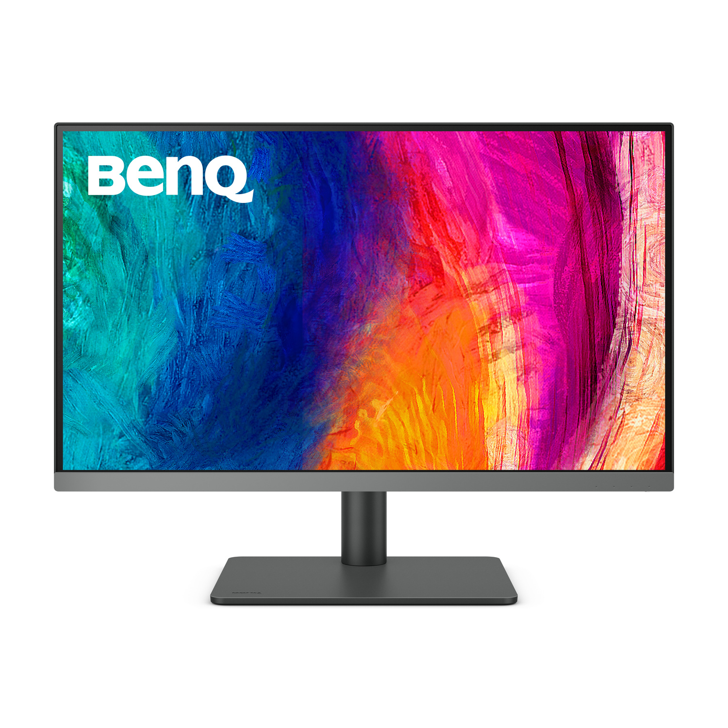 Un monitor grigio con uno sfondo astratto colorato e logo BenQ.