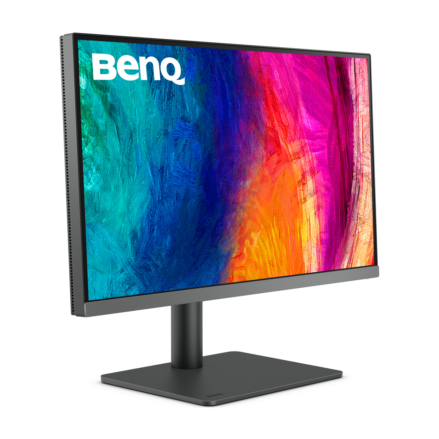 Un moderno monitor BenQ con uno sfondo astratto colorato sullo schermo e un supporto grigio.