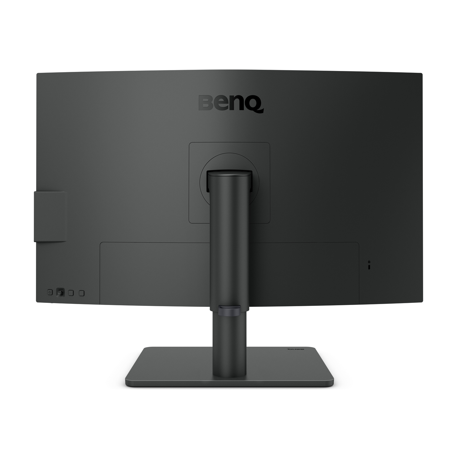 Vista posteriore di un monitor BenQ nero sul suo supporto, con porte.