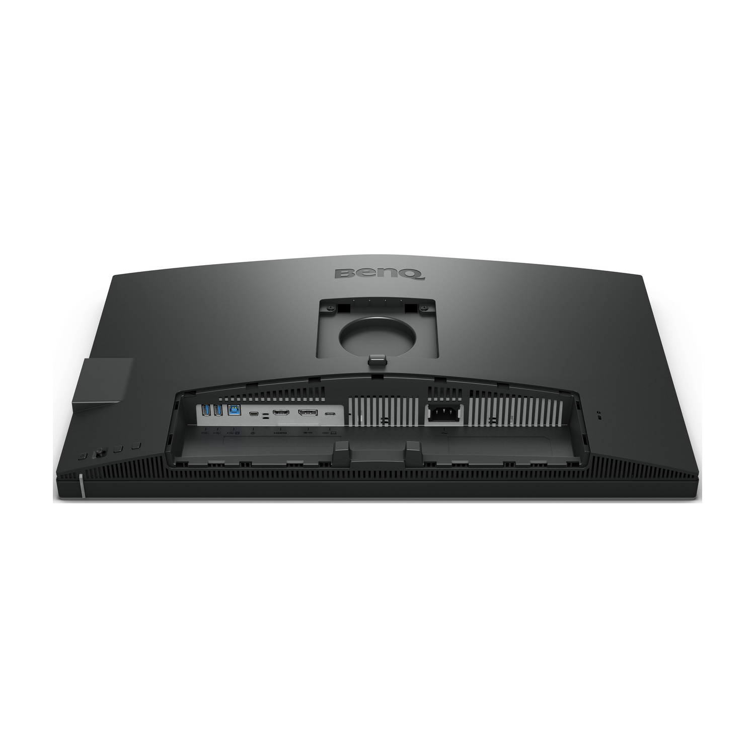Vista posteriore di un monitor BenQ nero con porte: USB, HDMI, DP, USB-C.