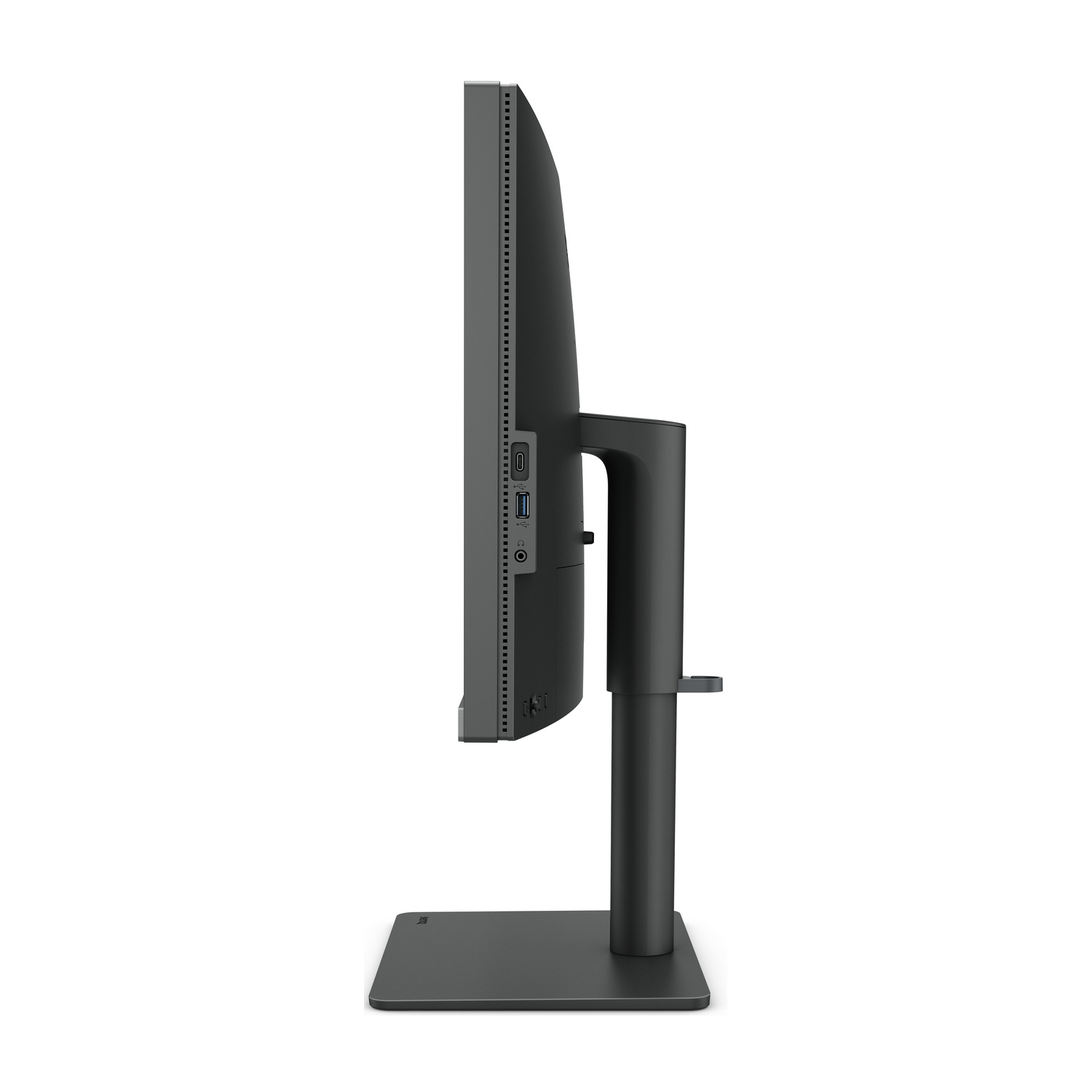 Monitor nero di lato con porte e una base stabile.