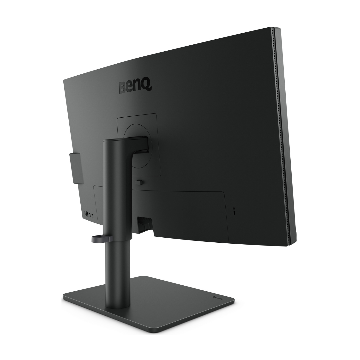 Vista posteriore di un monitor BenQ nero su un supporto piatto.