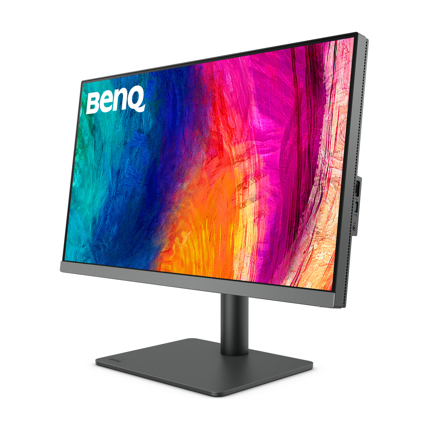 Un monitor BenQ con sfondo colorato, su supporto nero.