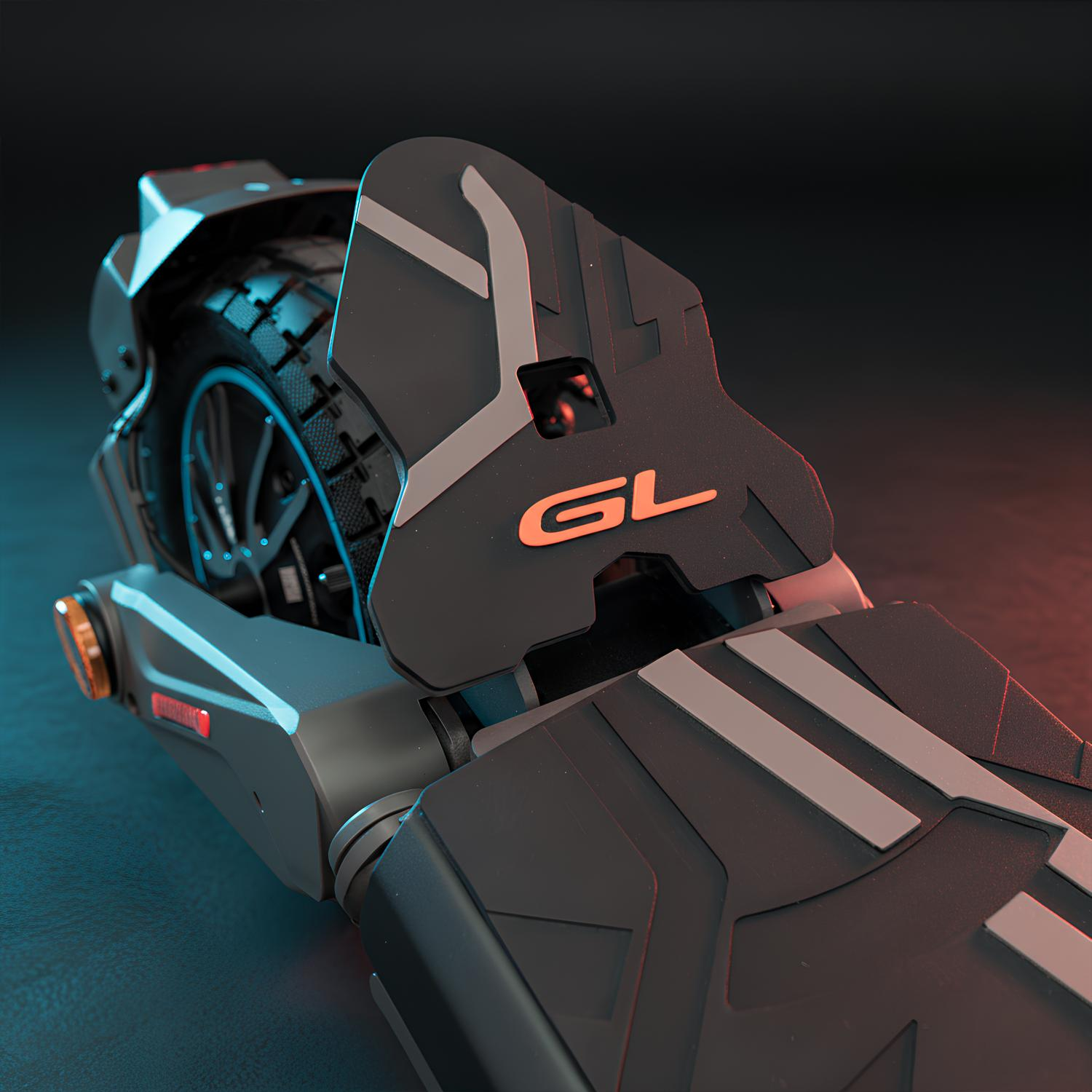 Primer plano de un patinete eléctrico negro futurista con el logo "GL".