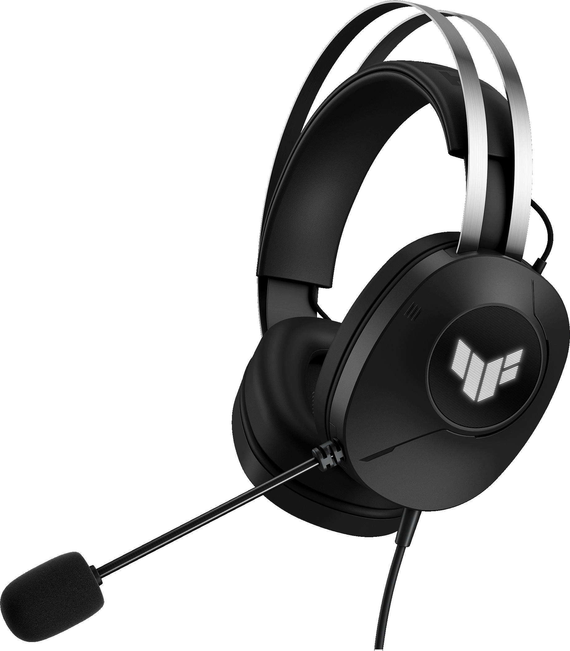 Cuffie da gaming nere con microfono e logo illuminato su sfondo nero.